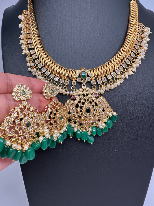 CZ Peacock Pattern Jalebi Green Short Necklace