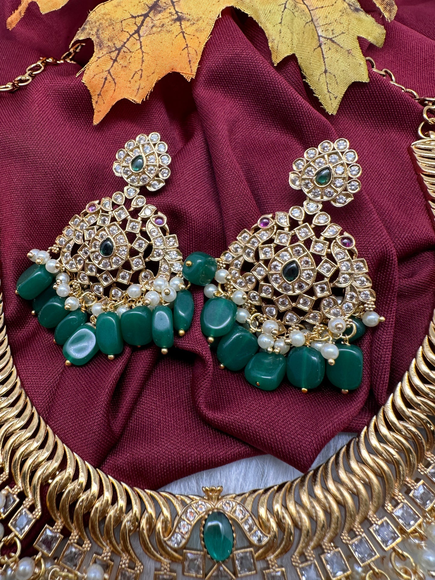 CZ Peacock Pattern Jalebi Green Short Necklace