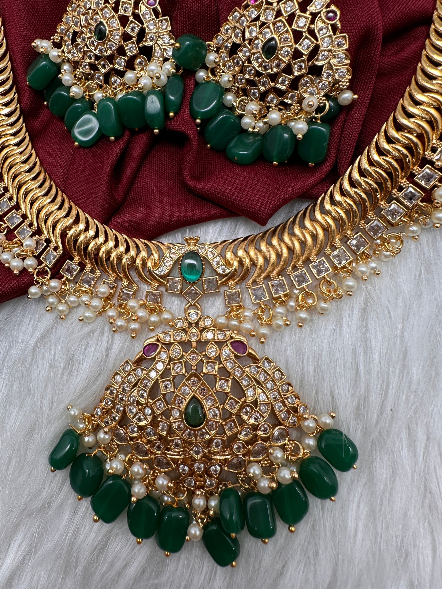 CZ Peacock Pattern Jalebi Green Short Necklace