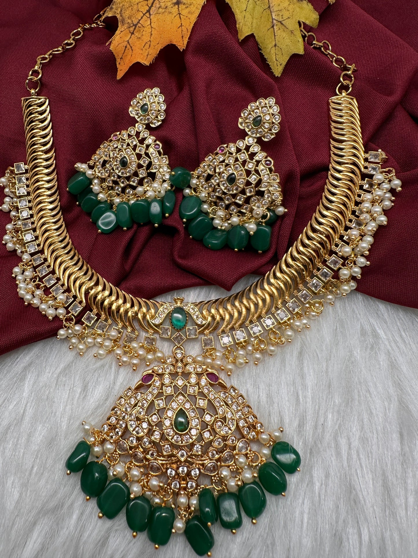 CZ Peacock Pattern Jalebi Green Short Necklace