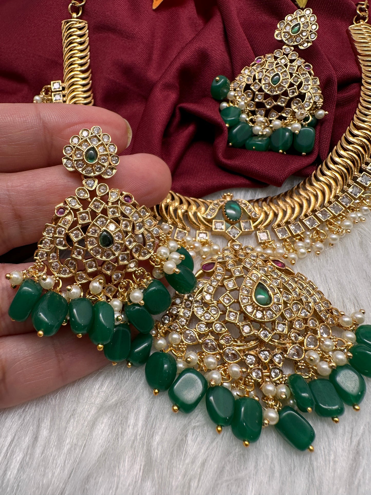 CZ Peacock Pattern Jalebi Green Short Necklace