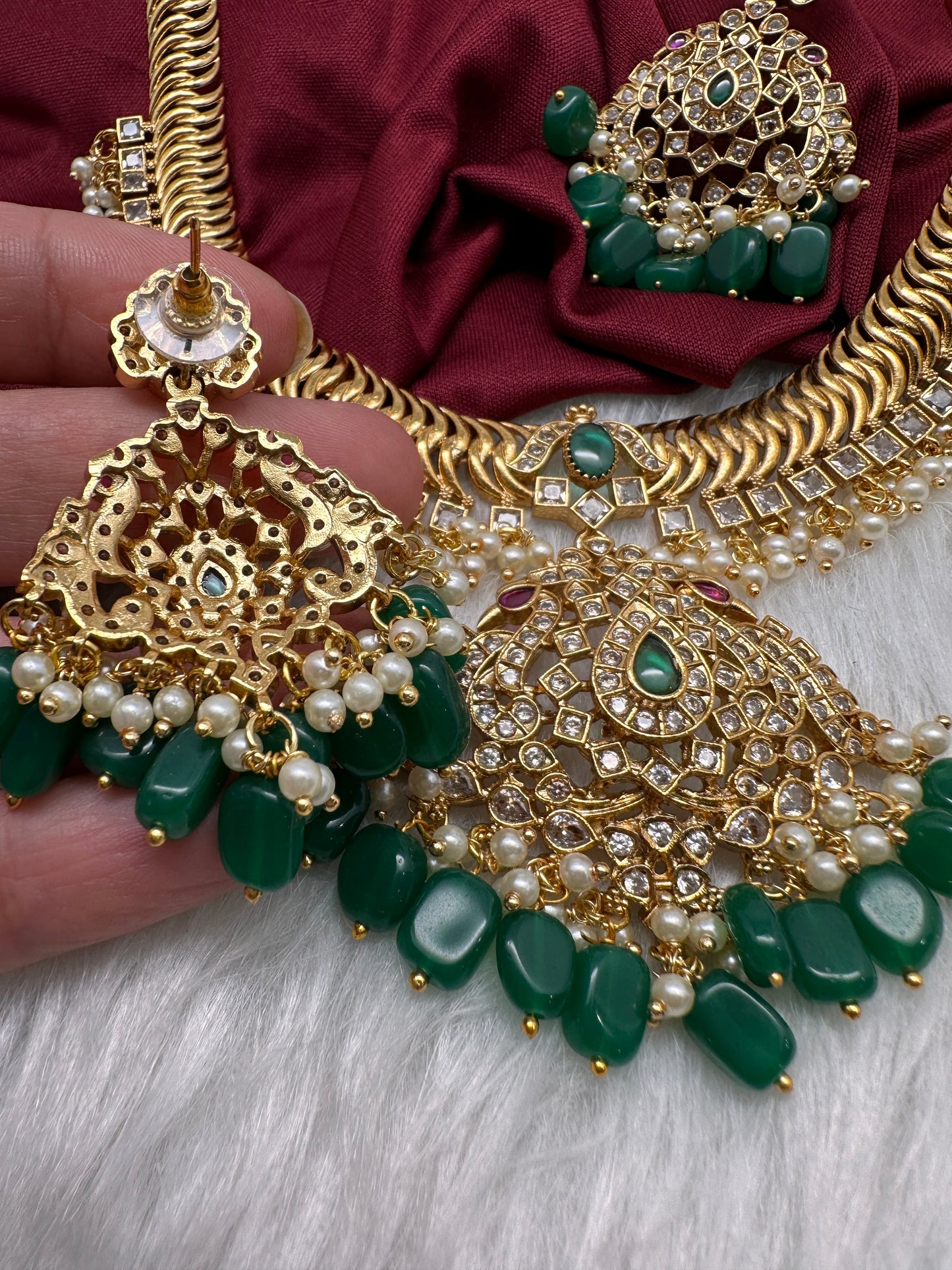 CZ Peacock Pattern Jalebi Green Short Necklace