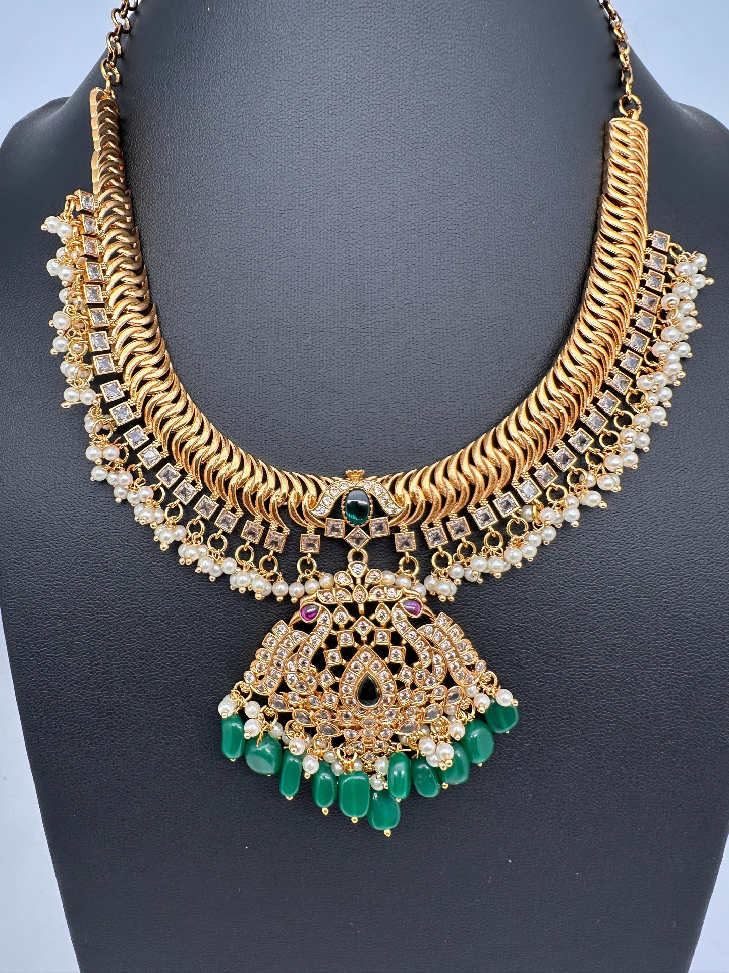 CZ Peacock Pattern Jalebi Green Short Necklace