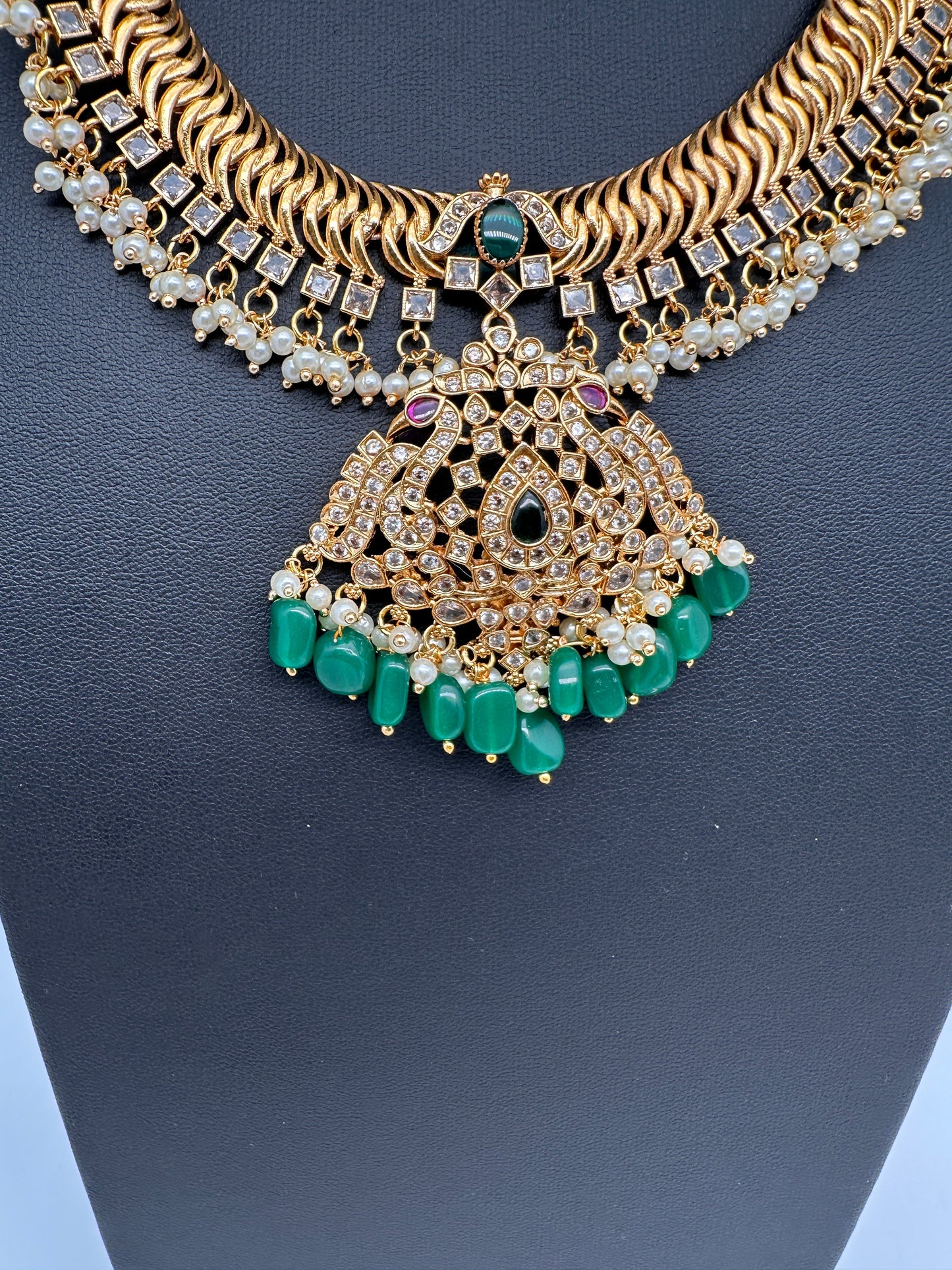 CZ Peacock Pattern Jalebi Green Short Necklace