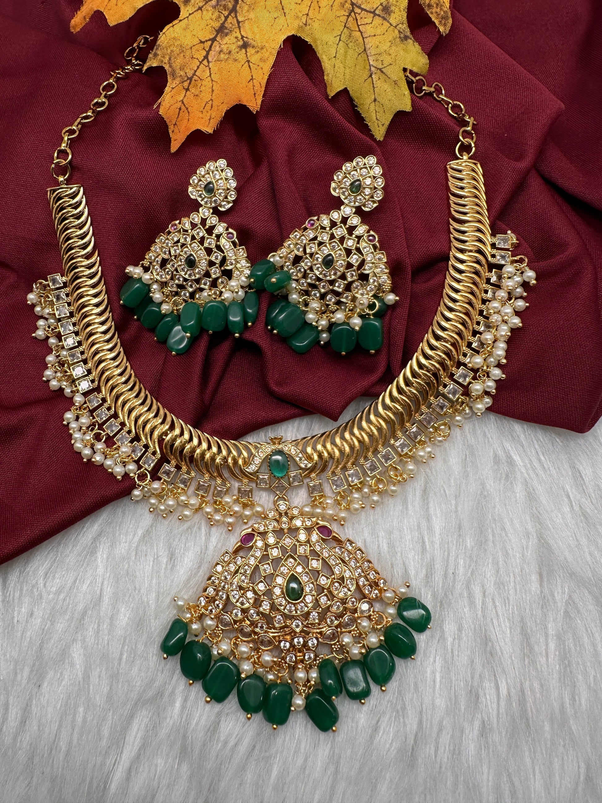 CZ Peacock Pattern Jalebi Green Short Necklace