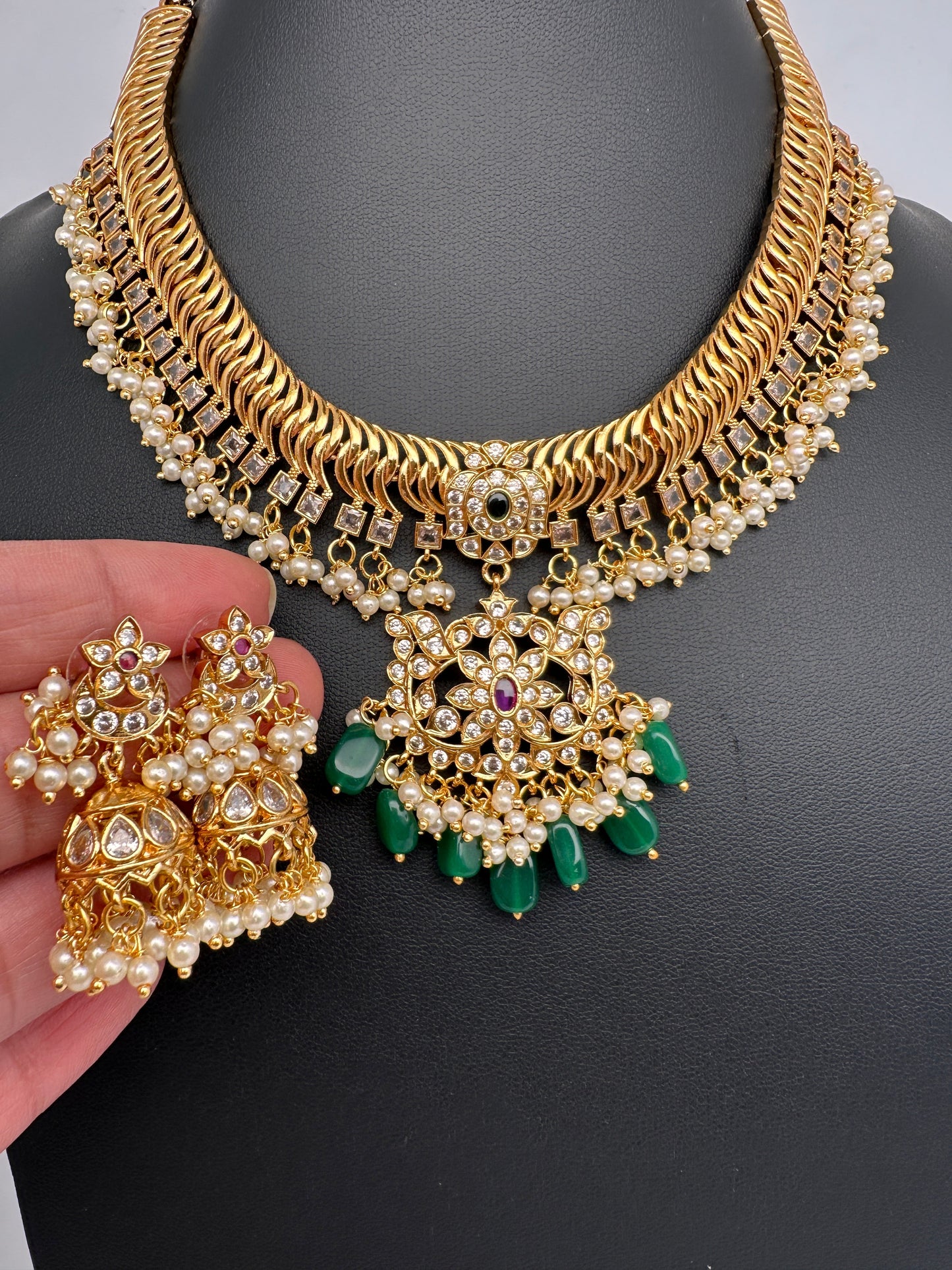 CZ Pearls Jalebi Short Necklace Jhumki