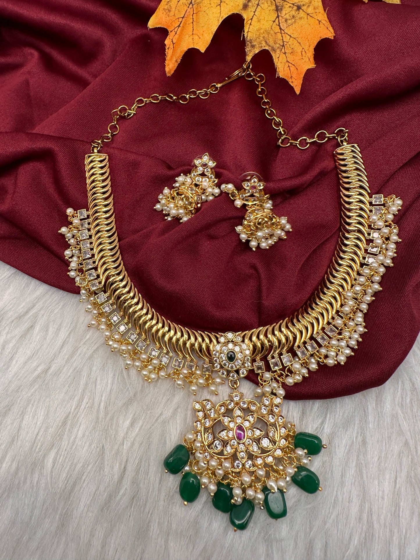 CZ Pearls Jalebi Short Necklace Jhumki