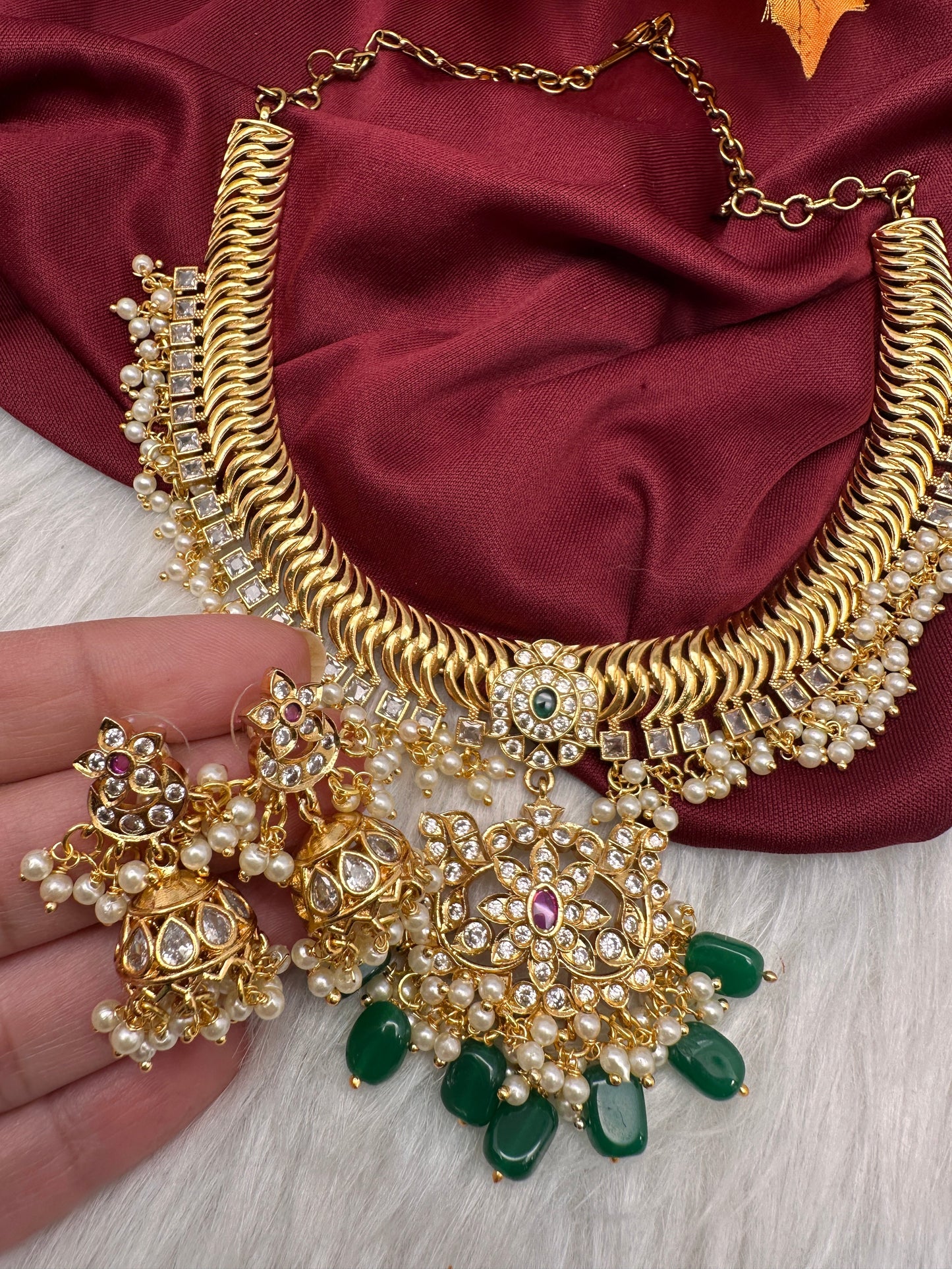 CZ Pearls Jalebi Short Necklace Jhumki