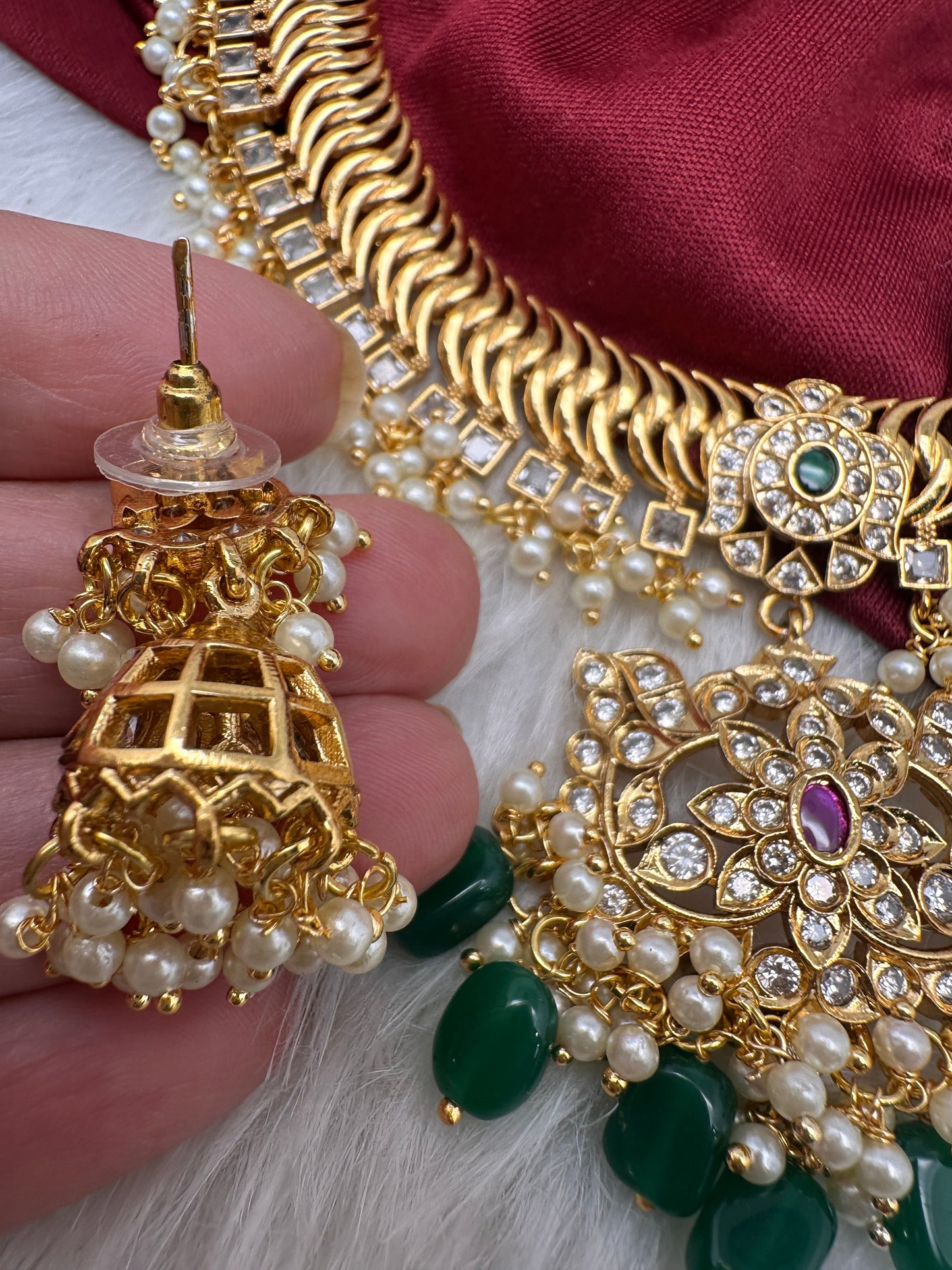 CZ Pearls Jalebi Short Necklace Jhumki
