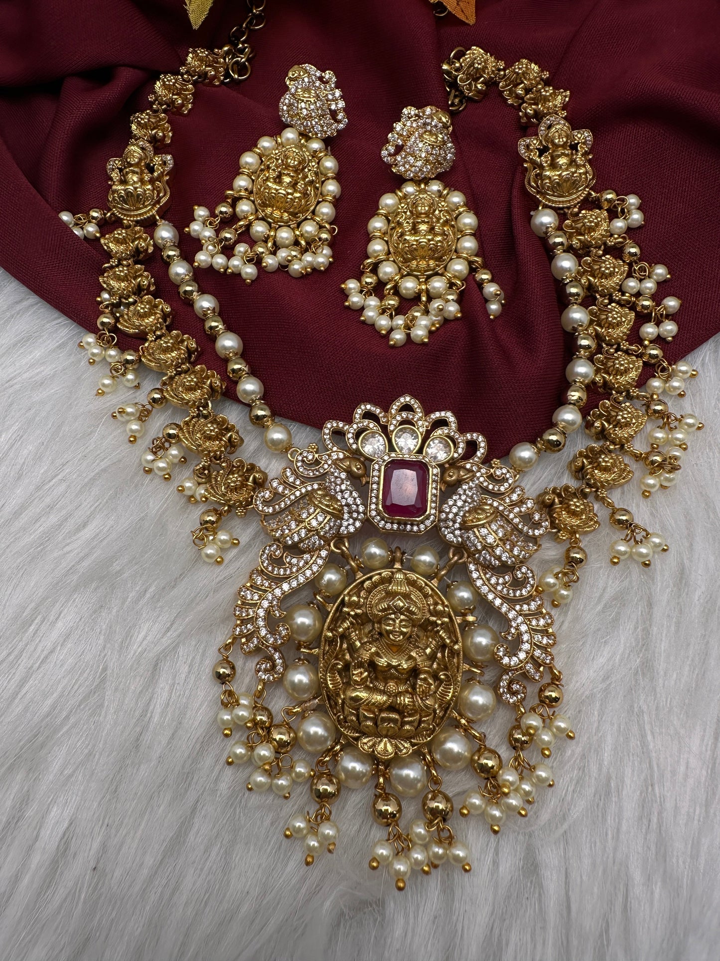 Goddess Lakshmi Peacock Matte Pearls Layer Short Necklace