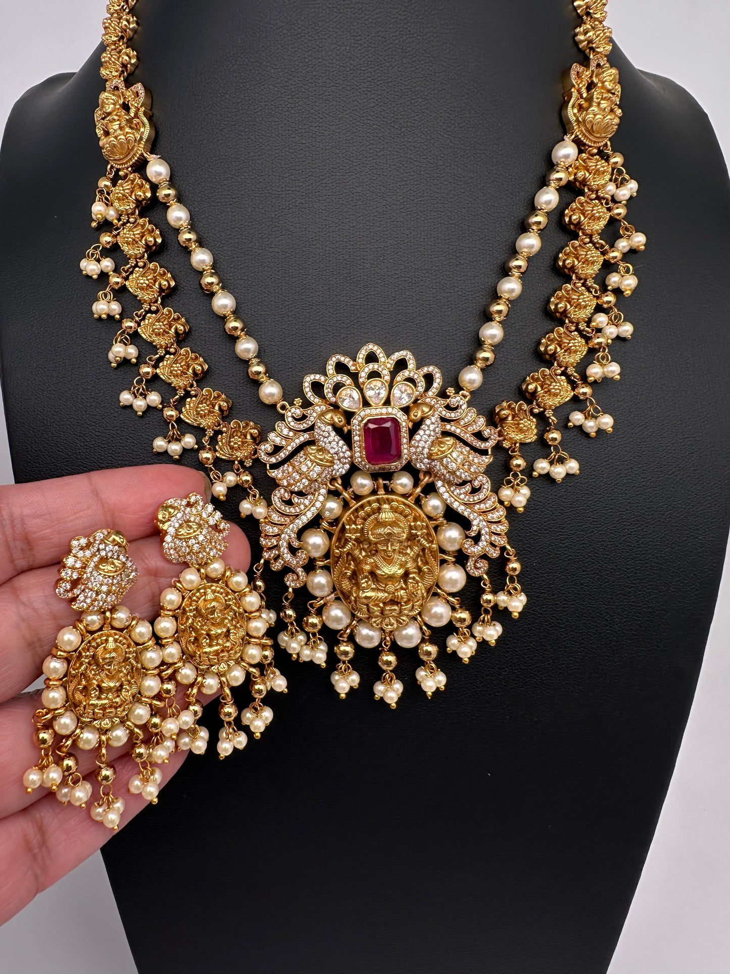 Goddess Lakshmi Peacock Matte Pearls Layer Short Necklace