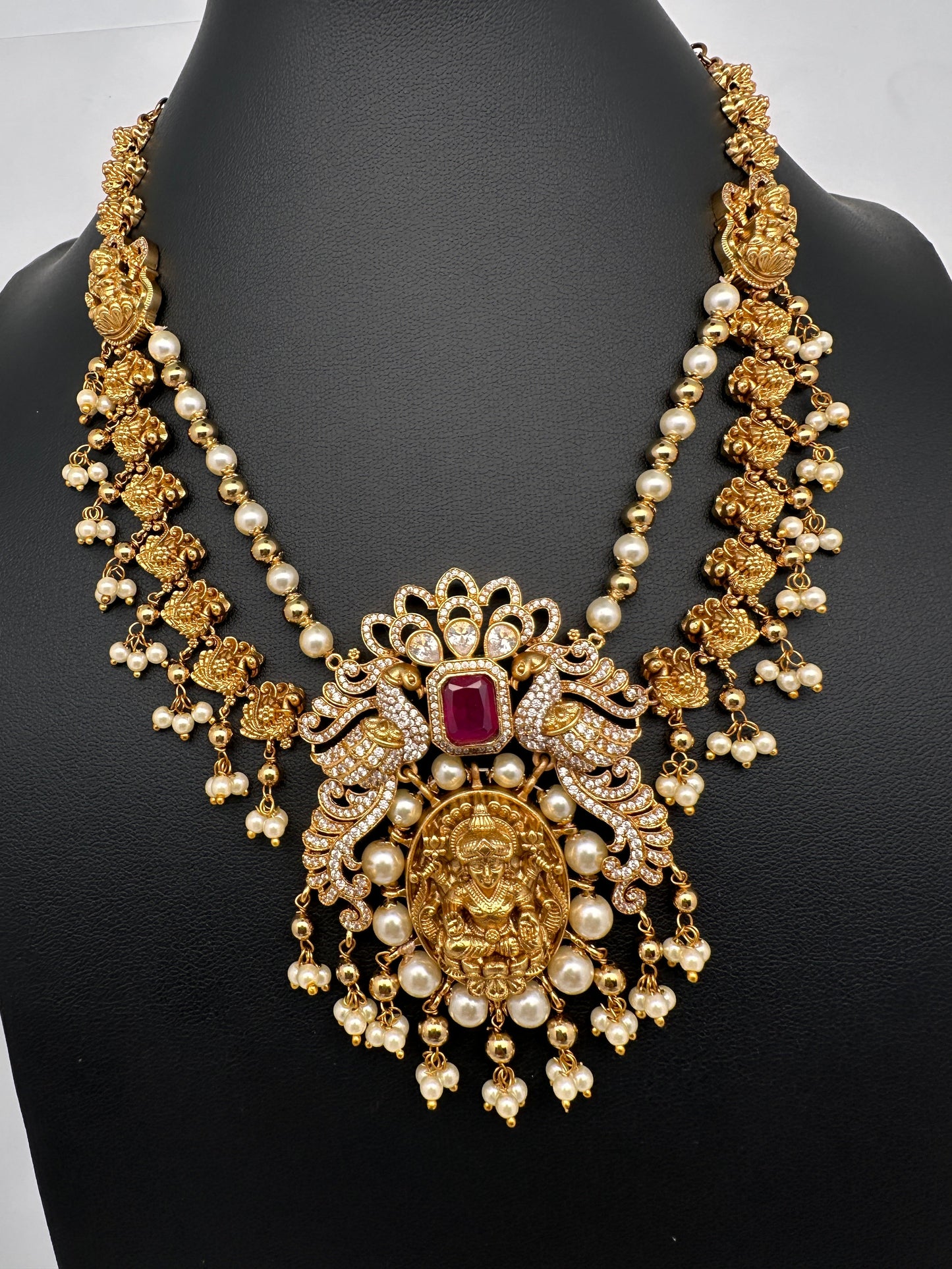 Goddess Lakshmi Peacock Matte Pearls Layer Short Necklace