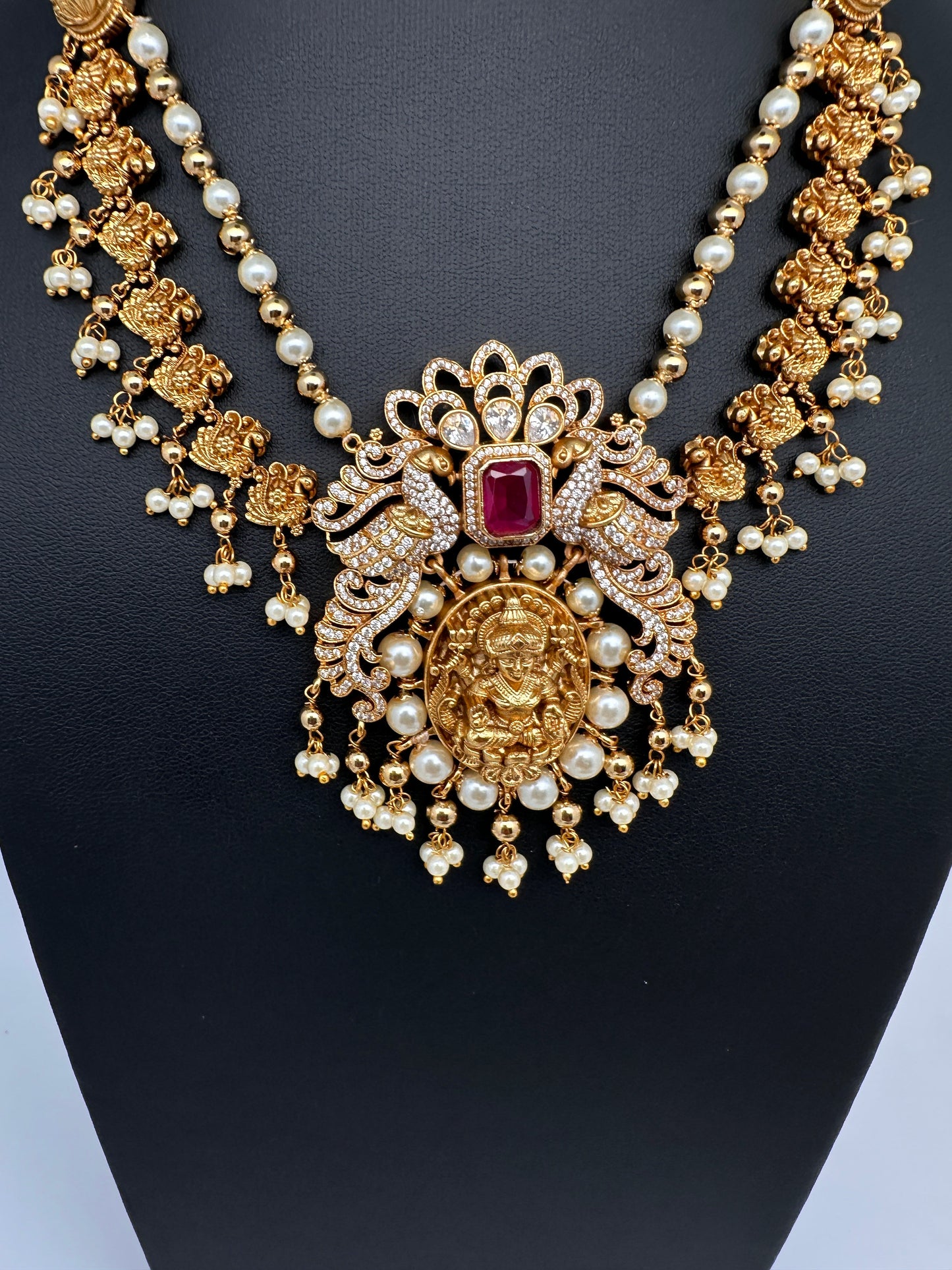 Goddess Lakshmi Peacock Matte Pearls Layer Short Necklace