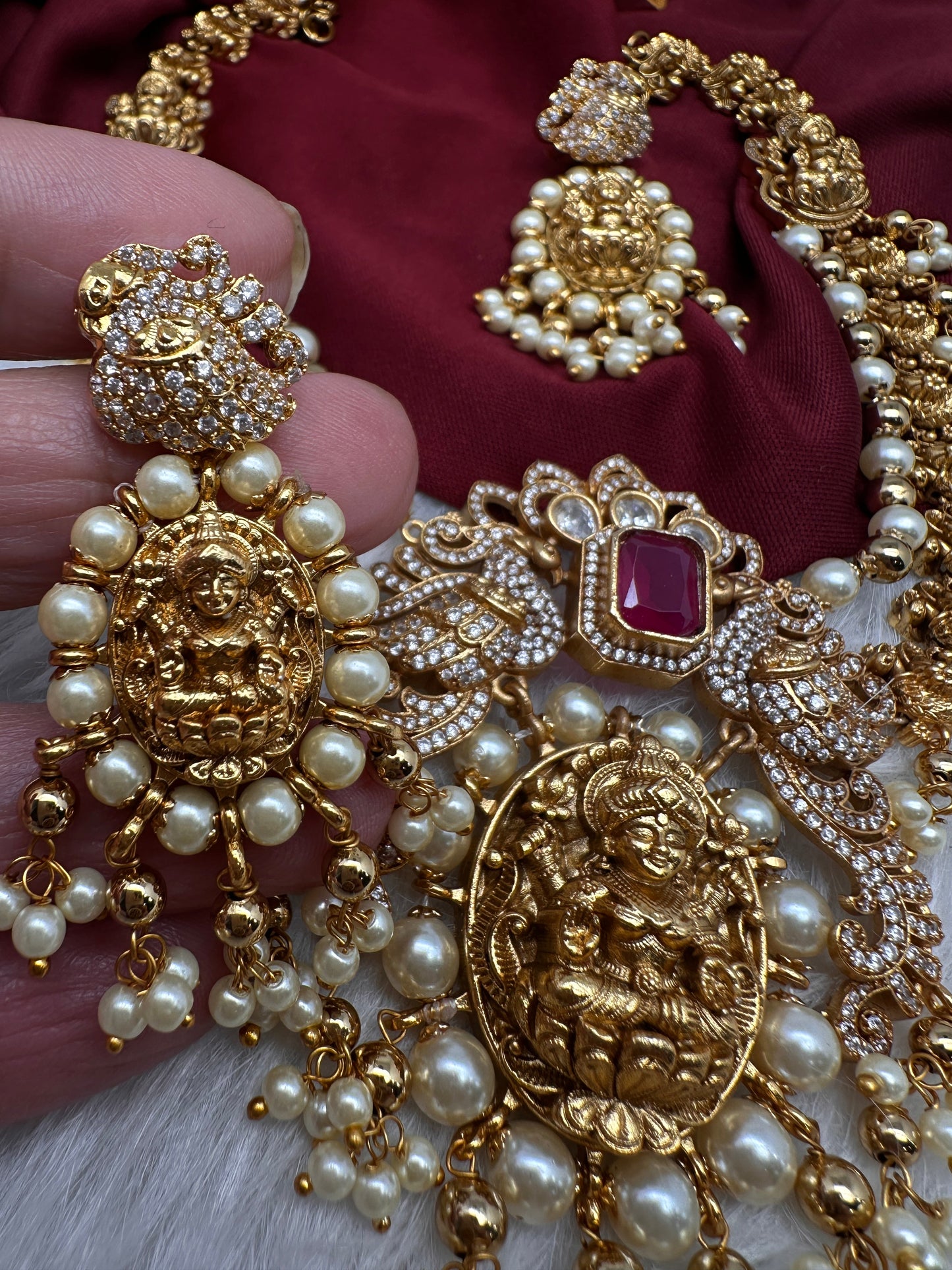 Goddess Lakshmi Peacock Matte Pearls Layer Short Necklace