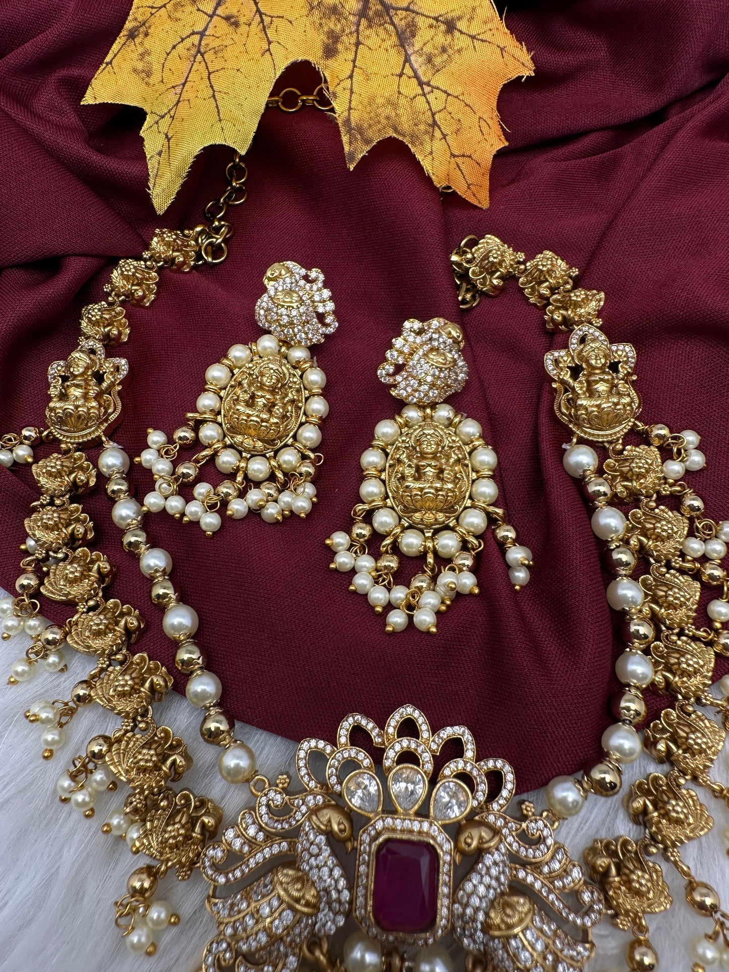 Goddess Lakshmi Peacock Matte Pearls Layer Short Necklace