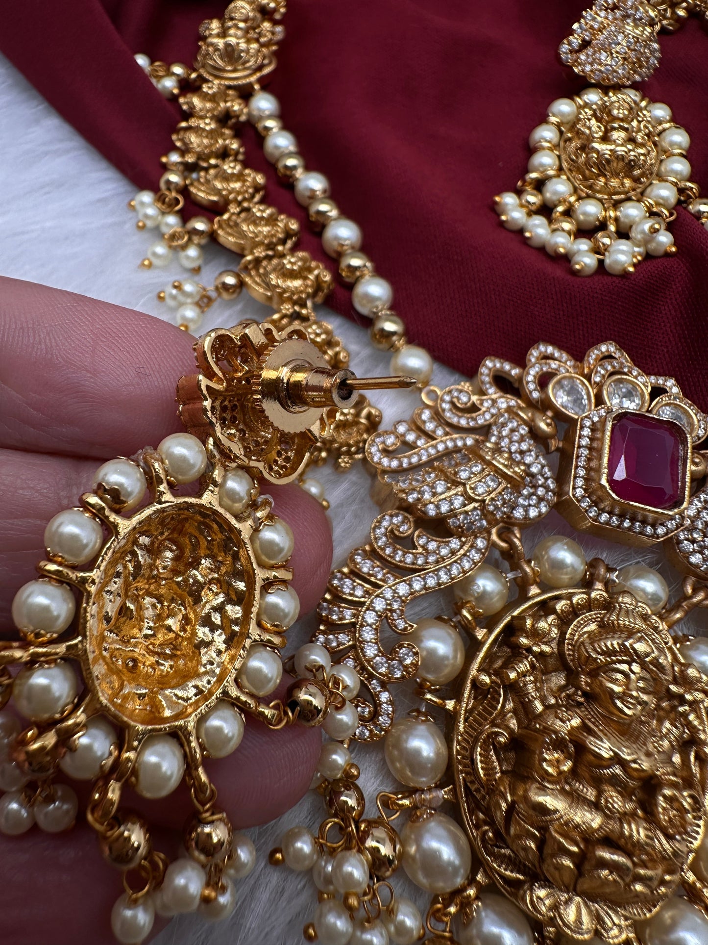Goddess Lakshmi Peacock Matte Pearls Layer Short Necklace