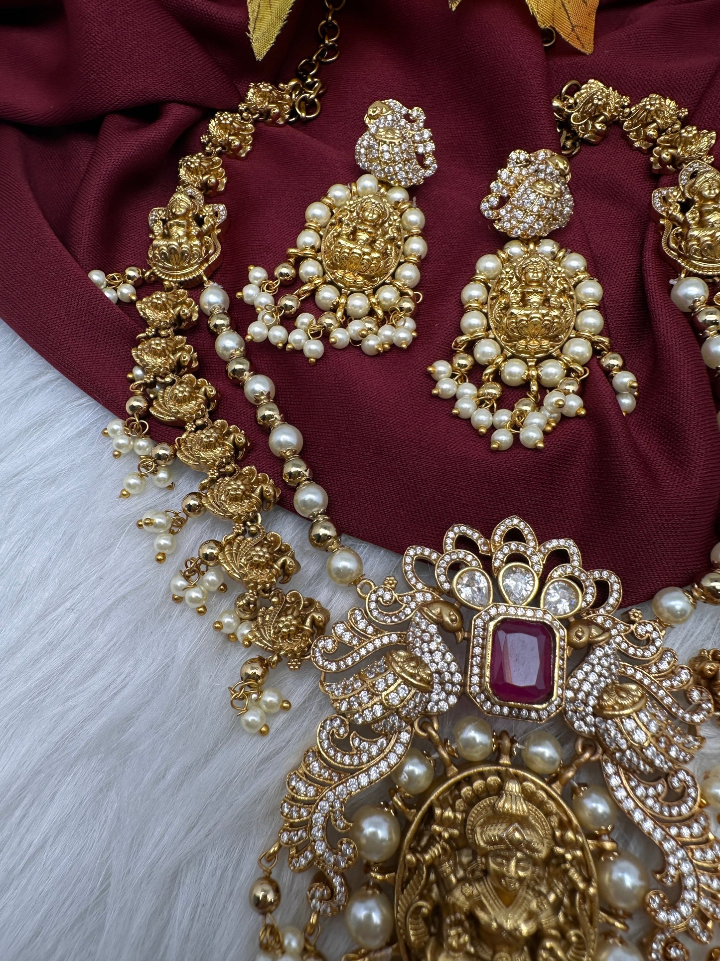 Goddess Lakshmi Peacock Matte Pearls Layer Short Necklace