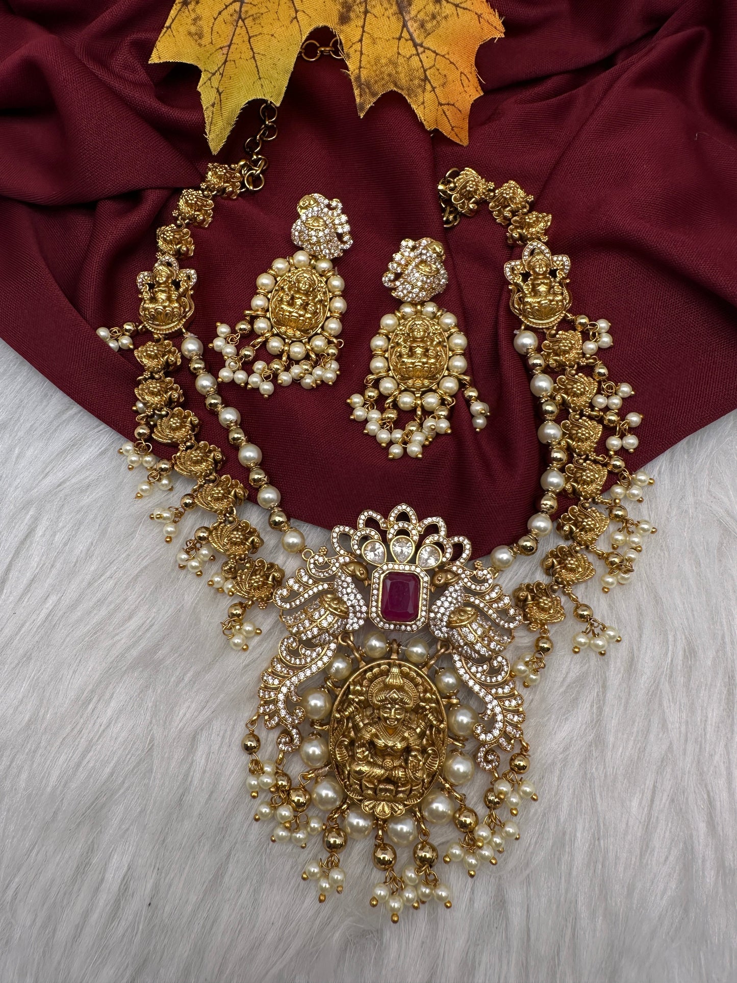 Goddess Lakshmi Peacock Matte Pearls Layer Short Necklace