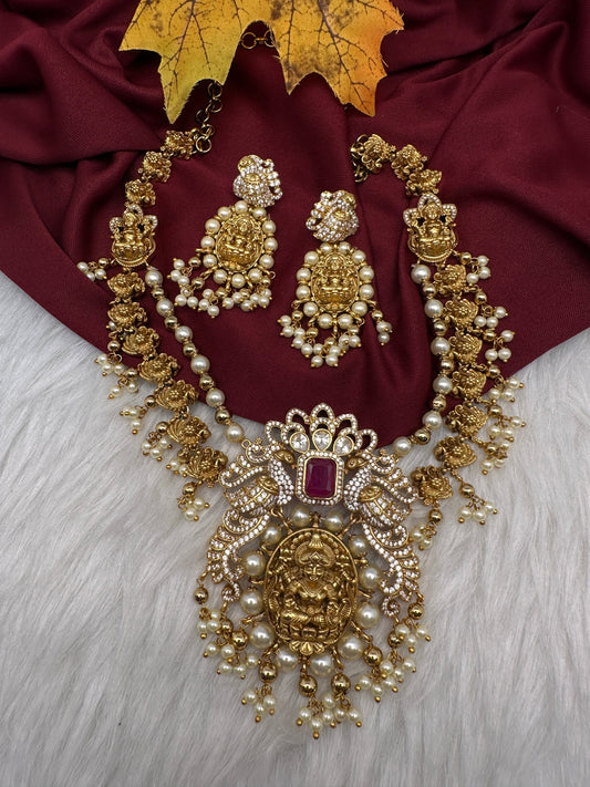 Goddess Lakshmi Peacock Matte Pearls Layer Short Necklace