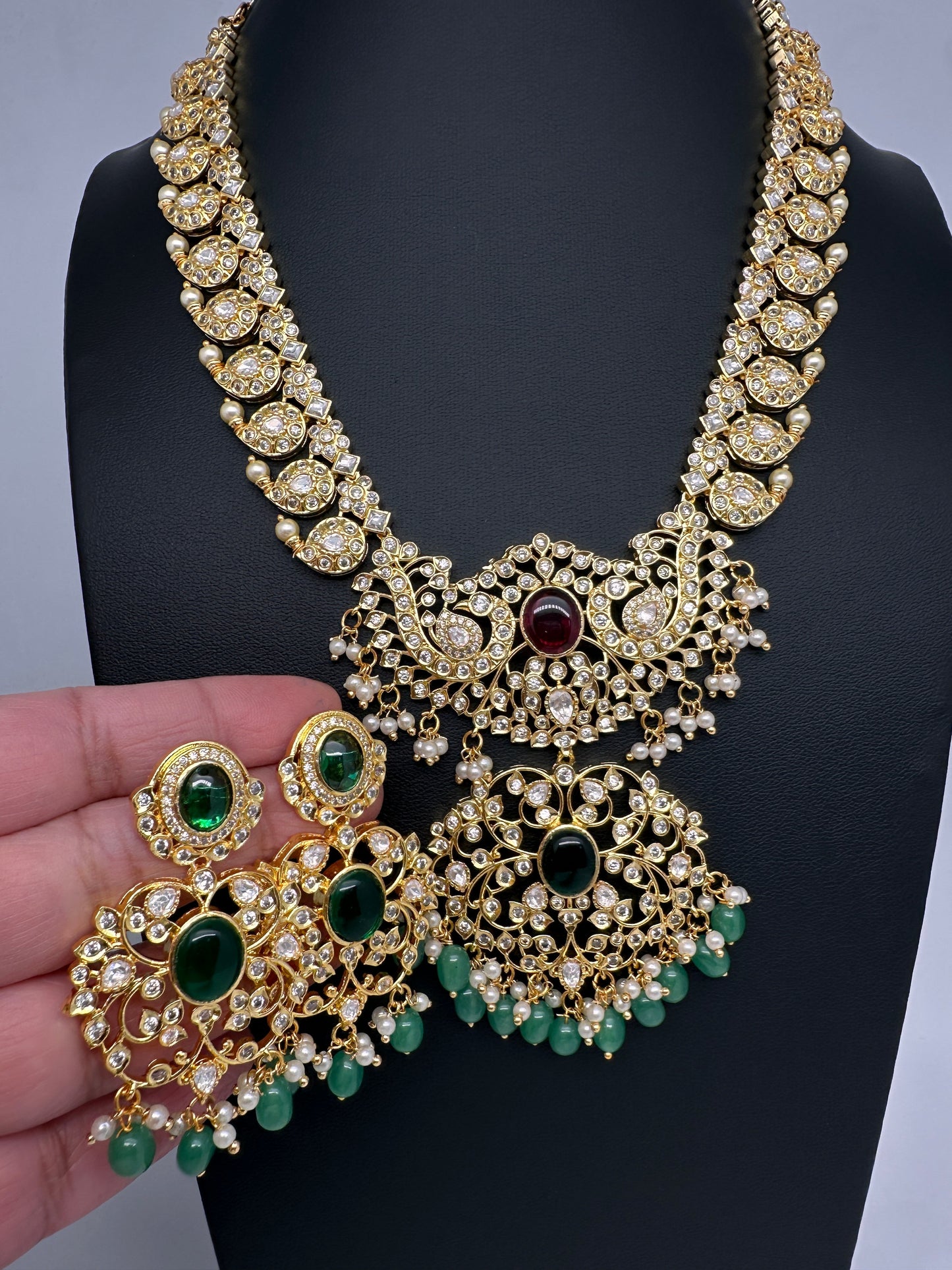 CZ Ethnic Color Stone Short Mango Necklace - Red