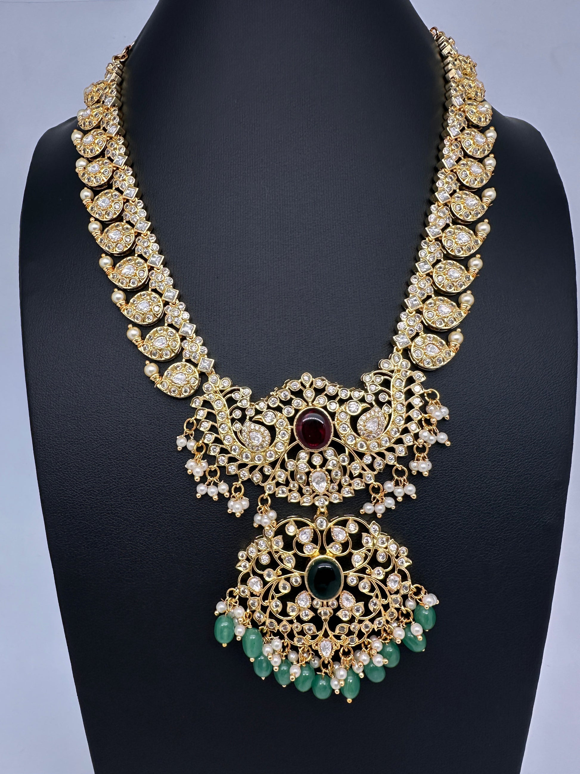 CZ Ethnic Color Stone Short Mango Necklace - Red