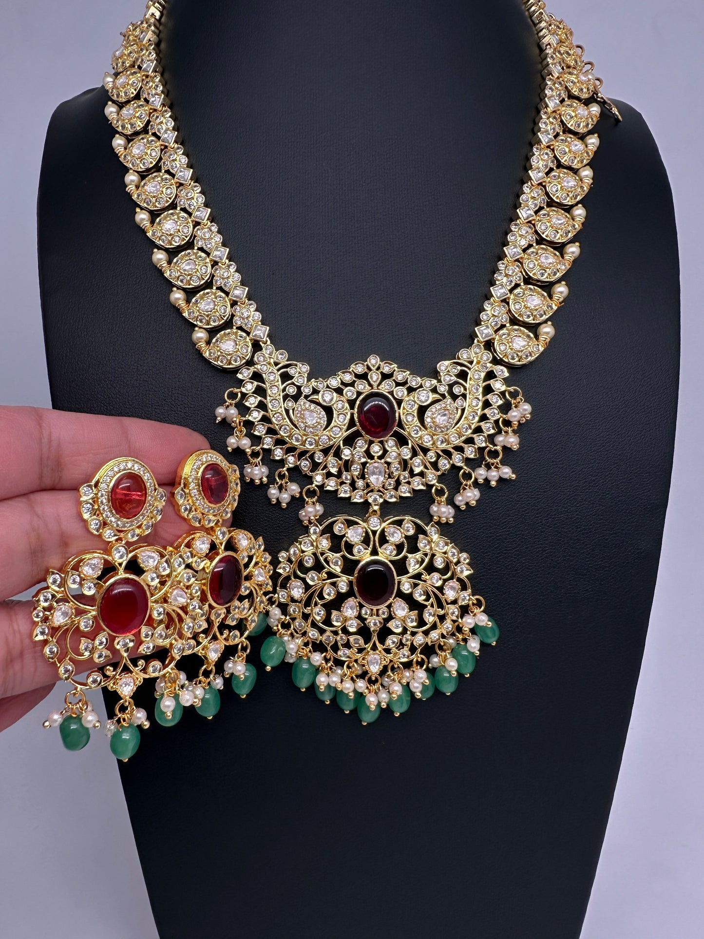 CZ Ethnic Color Stone Short Mango Necklace - Red