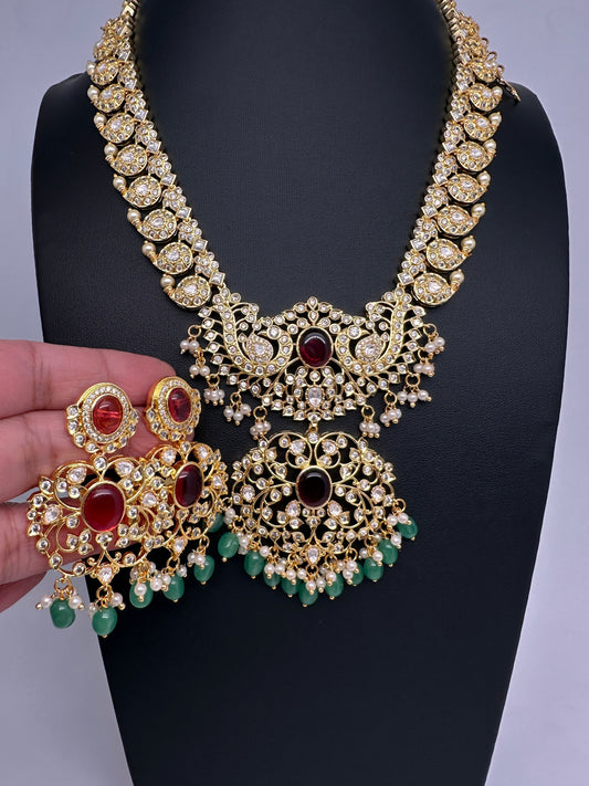 CZ Ethnic Color Stone Short Mango Necklace - Red