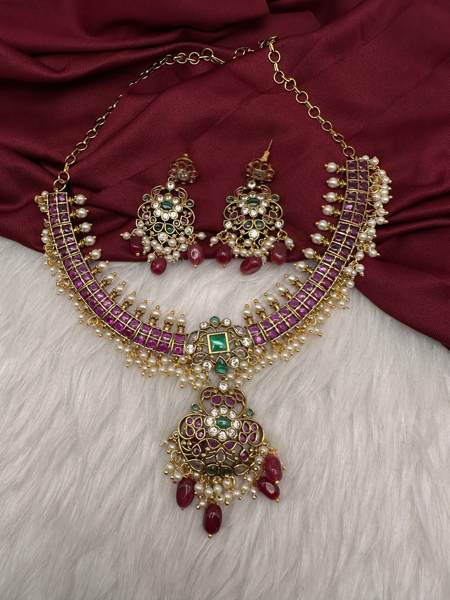 Kempu Matte Color Stone Short Necklace - Red