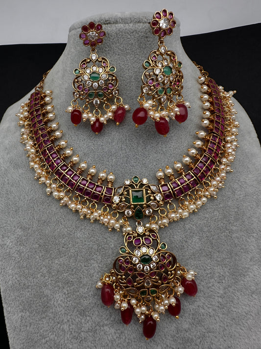 Kempu Matte Color Stone Short Necklace - Red