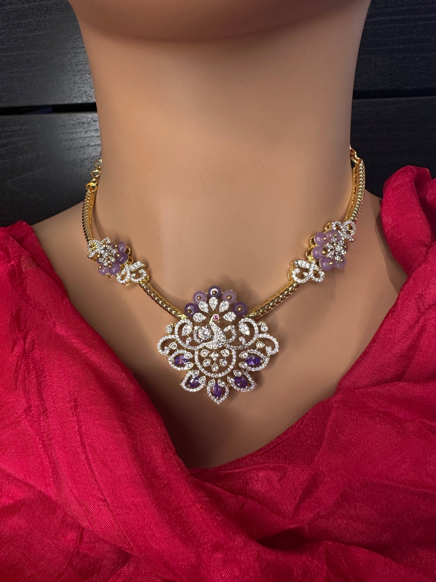 AD Color Stone Kanthi Short Necklace - Purple