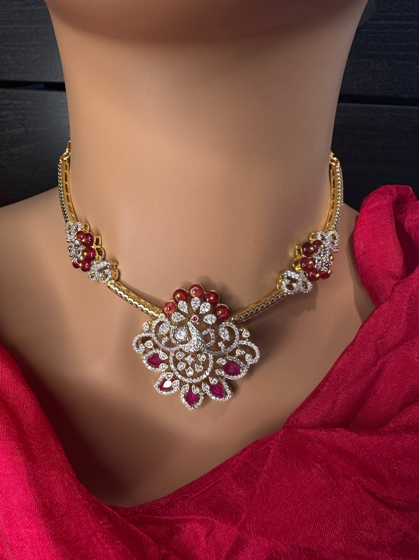 AD Color Stone Kanthi Short Necklace - Red