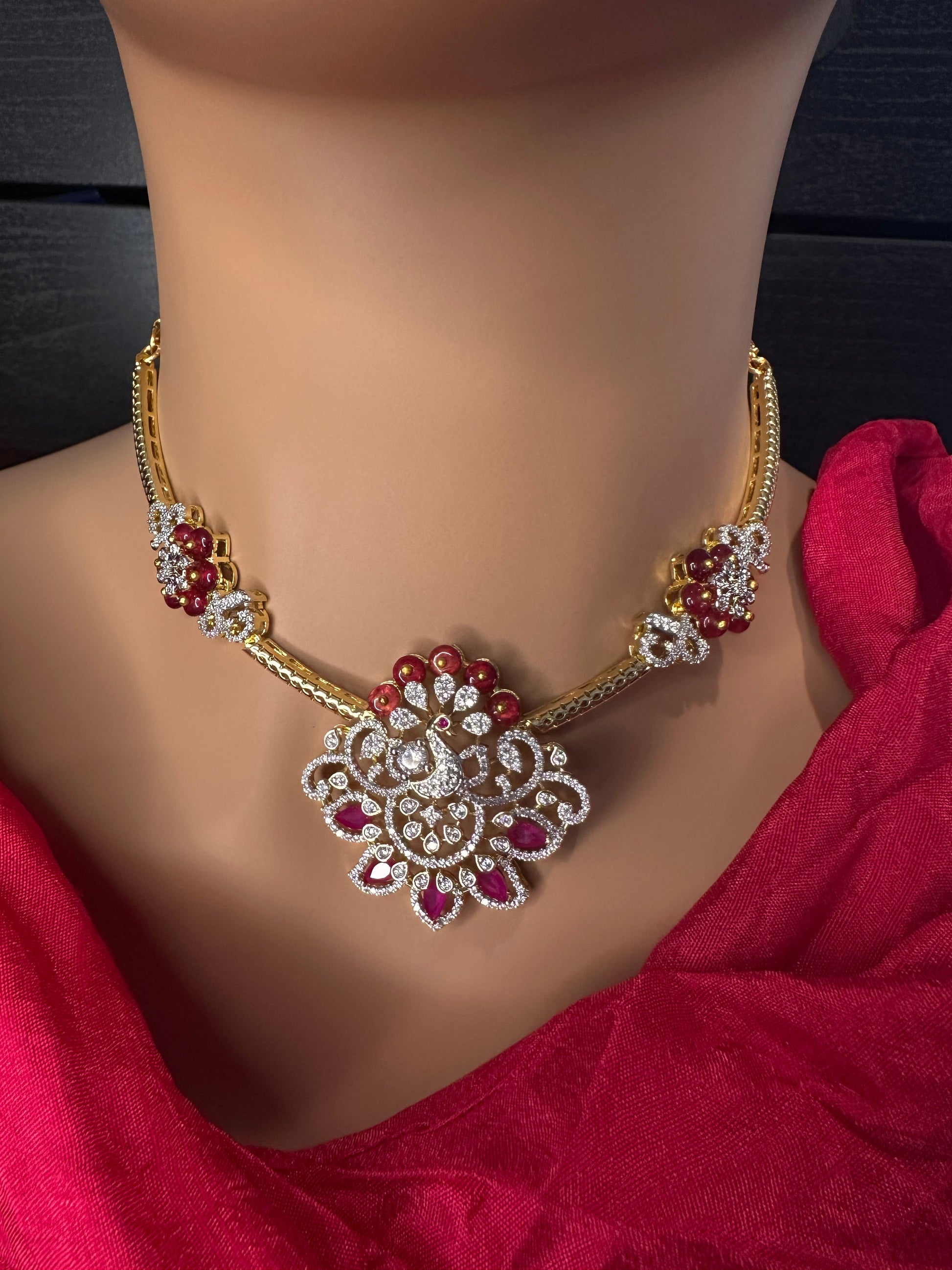AD Color Stone Kanthi Short Necklace - Red