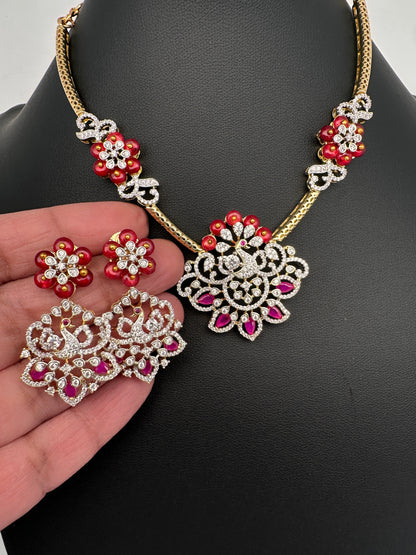 AD Color Stone Kanthi Short Necklace - Red