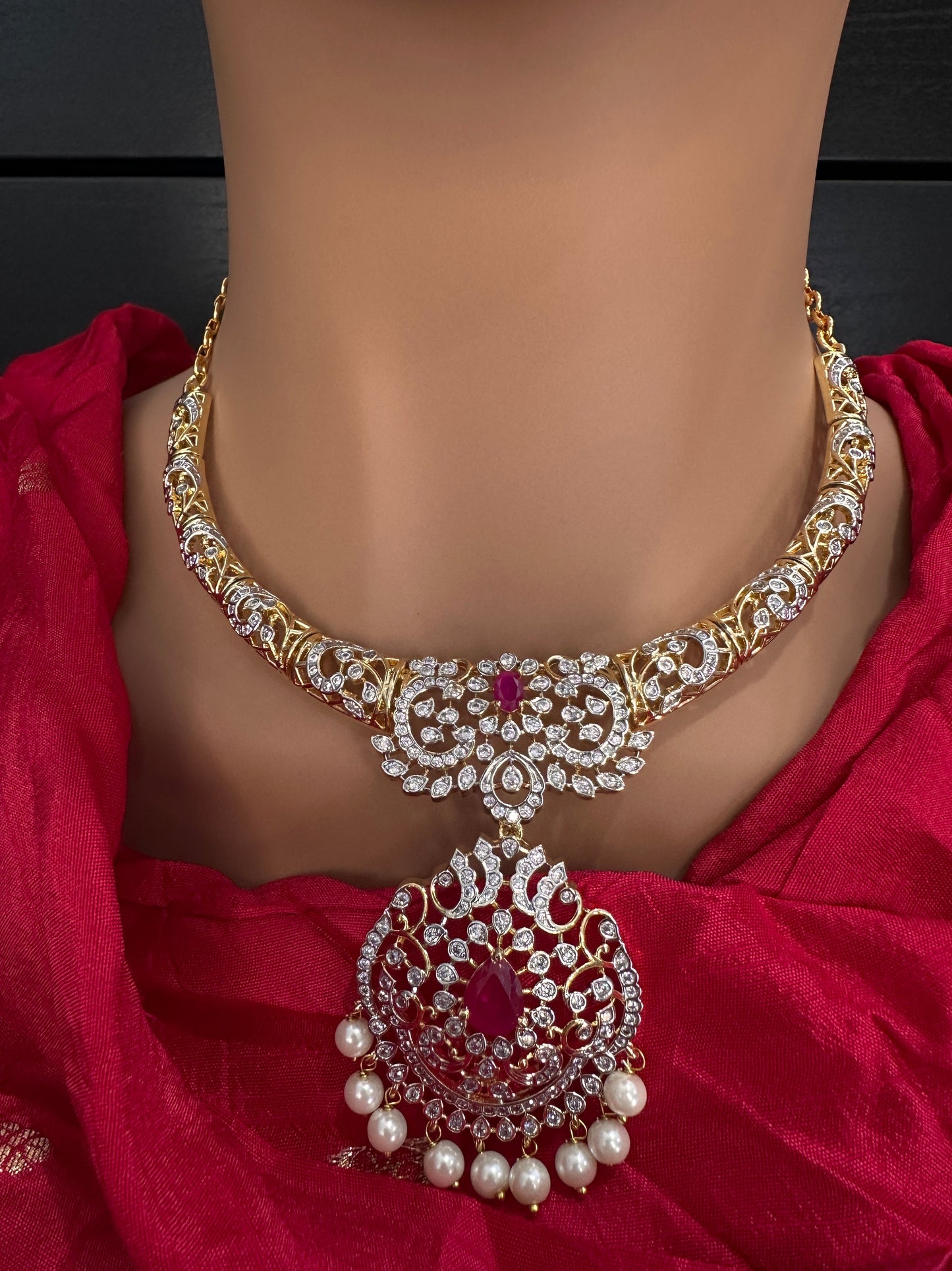 AD Color Stone Kanthi Short Necklace - Red