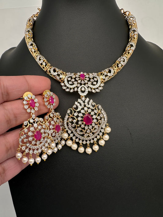 AD Color Stone Kanthi Short Necklace - Red