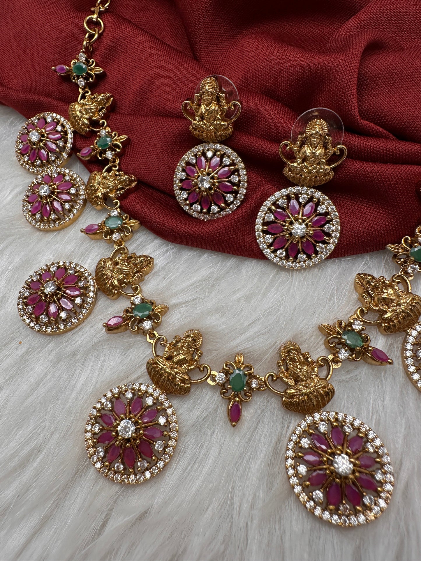 Matte Goddess Lakshmi Red CZ Short Necklace