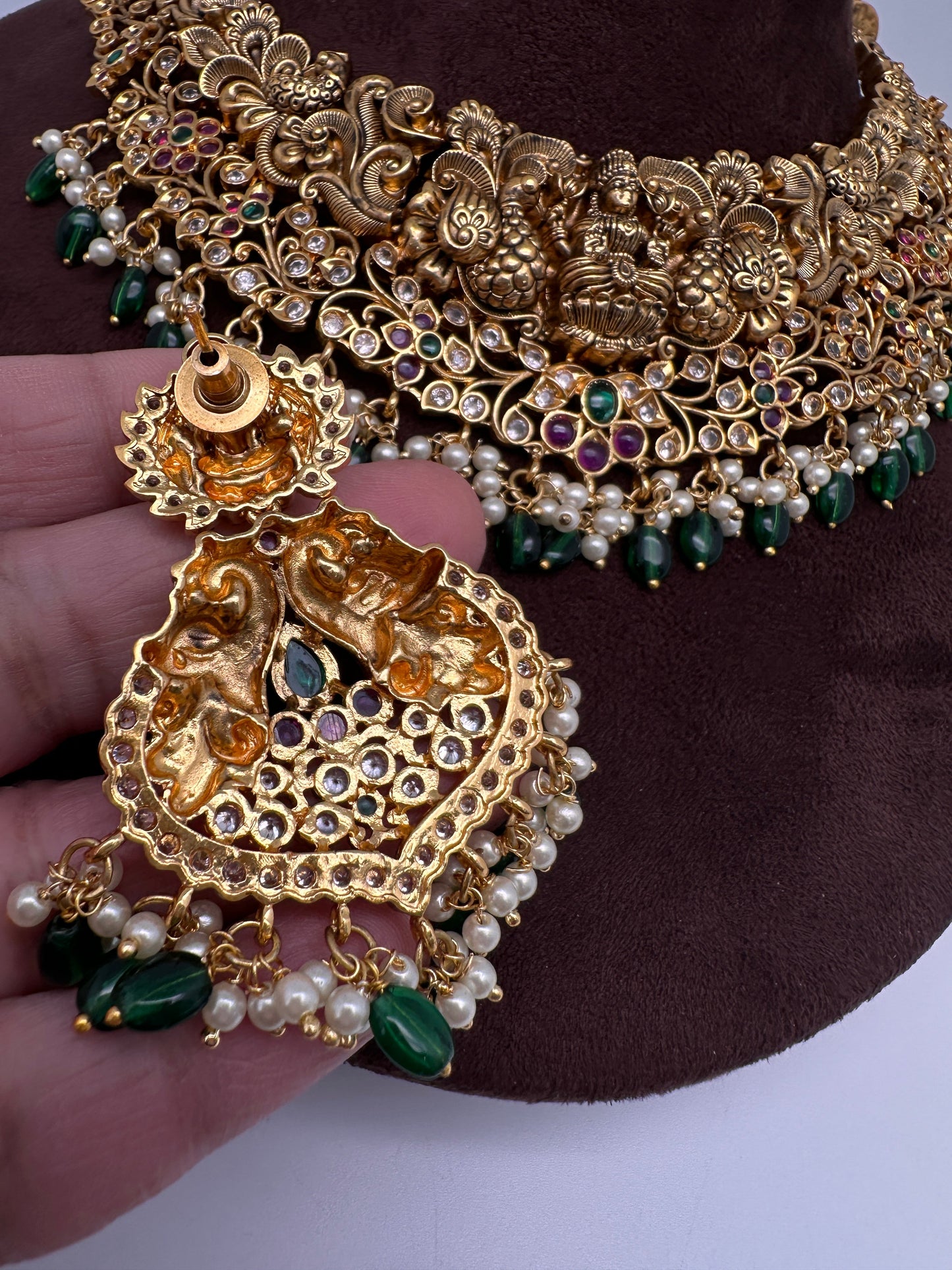 Kemp Goddess Lakshmi Peacock Nakshi Antique Matte Short Necklace