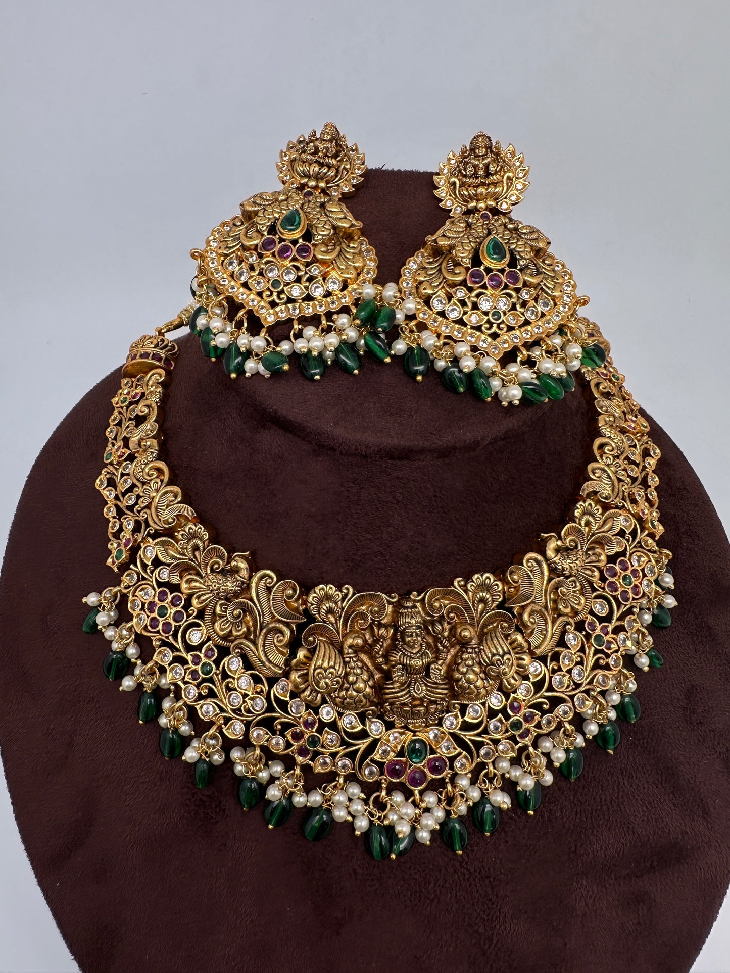 Kemp Goddess Lakshmi Peacock Nakshi Antique Matte Short Necklace