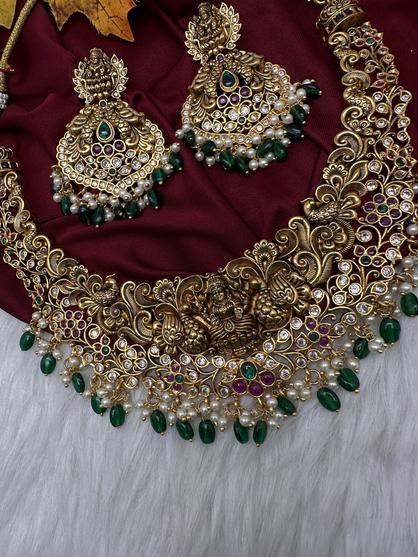 Kemp Goddess Lakshmi Peacock Nakshi Antique Matte Short Necklace