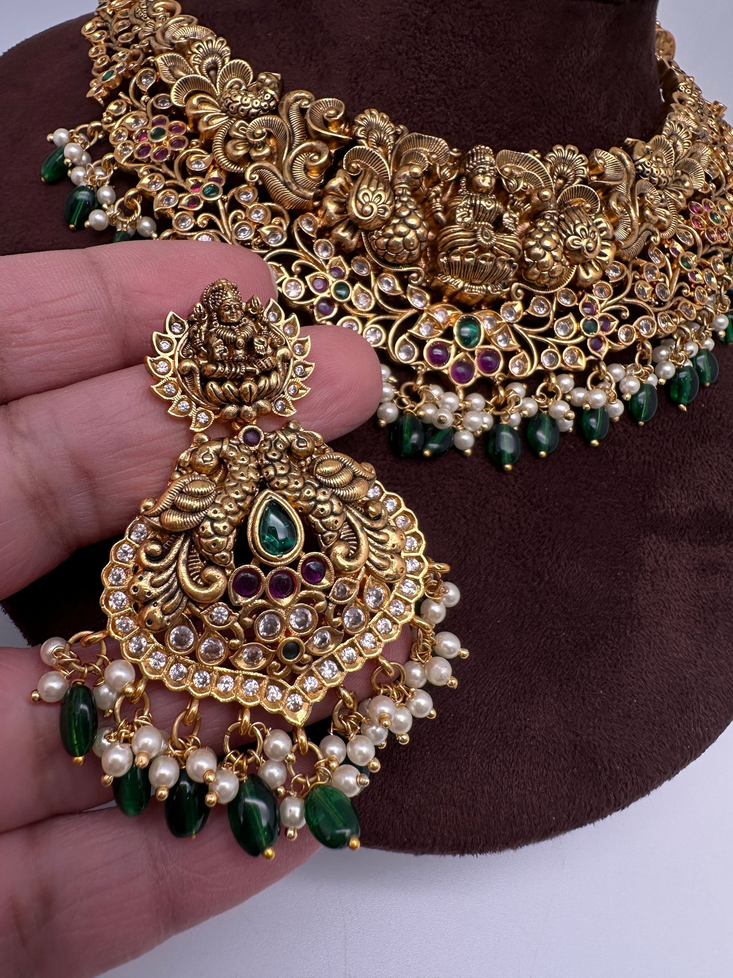 Kemp Goddess Lakshmi Peacock Nakshi Antique Matte Short Necklace