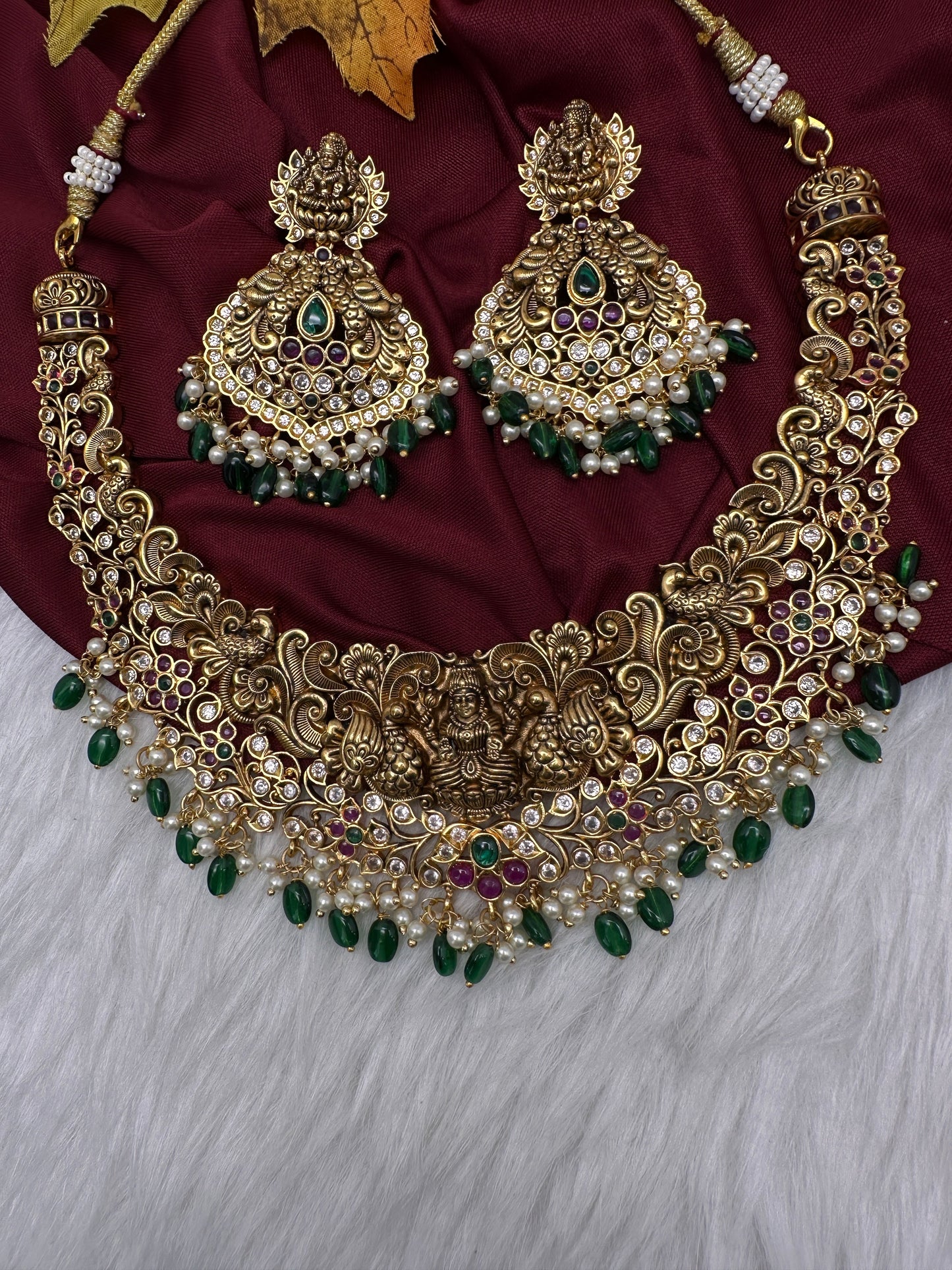 Kemp Goddess Lakshmi Peacock Nakshi Antique Matte Short Necklace