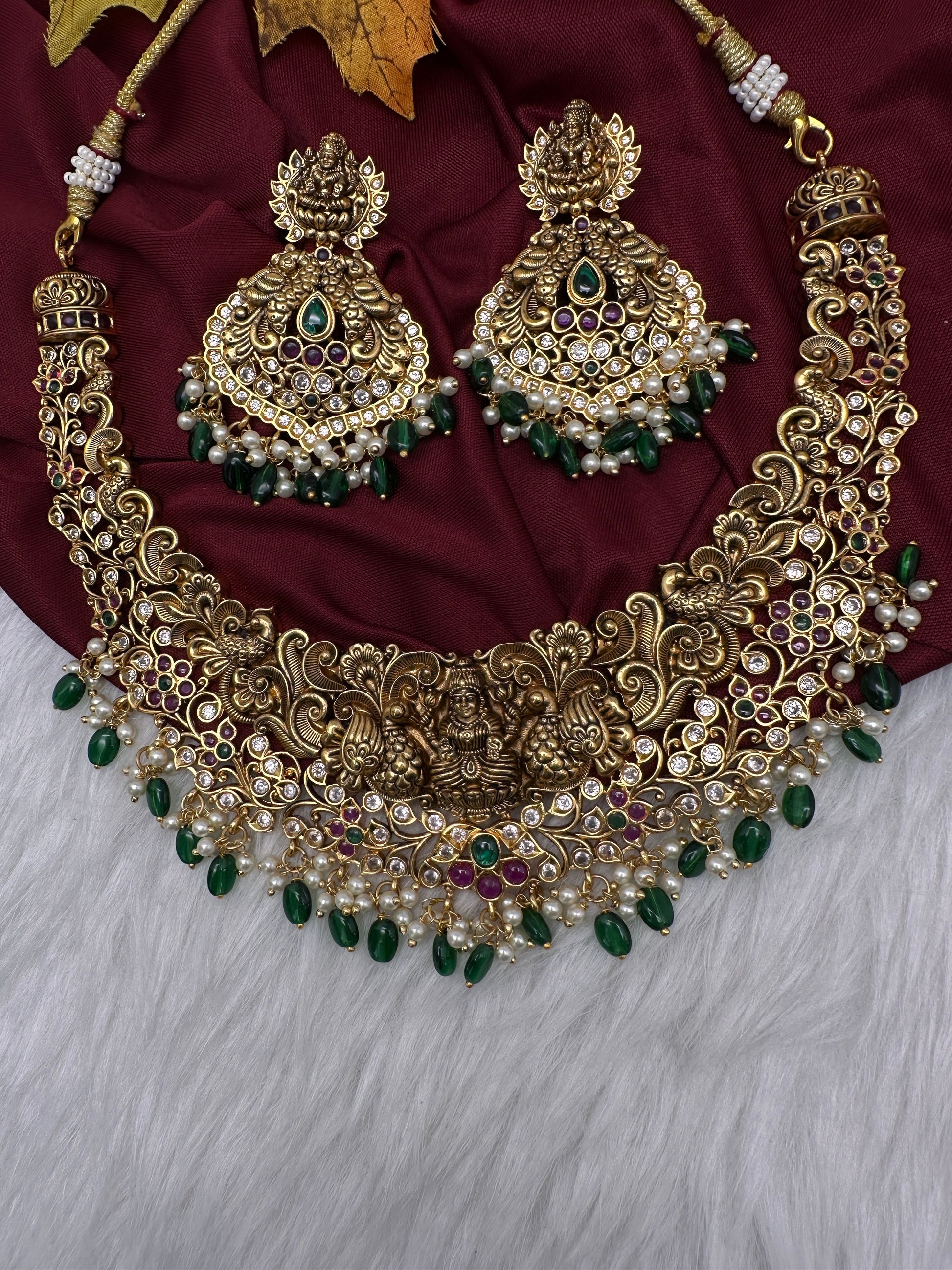 Kemp Goddess Lakshmi Peacock Nakshi Antique Matte Short Necklace