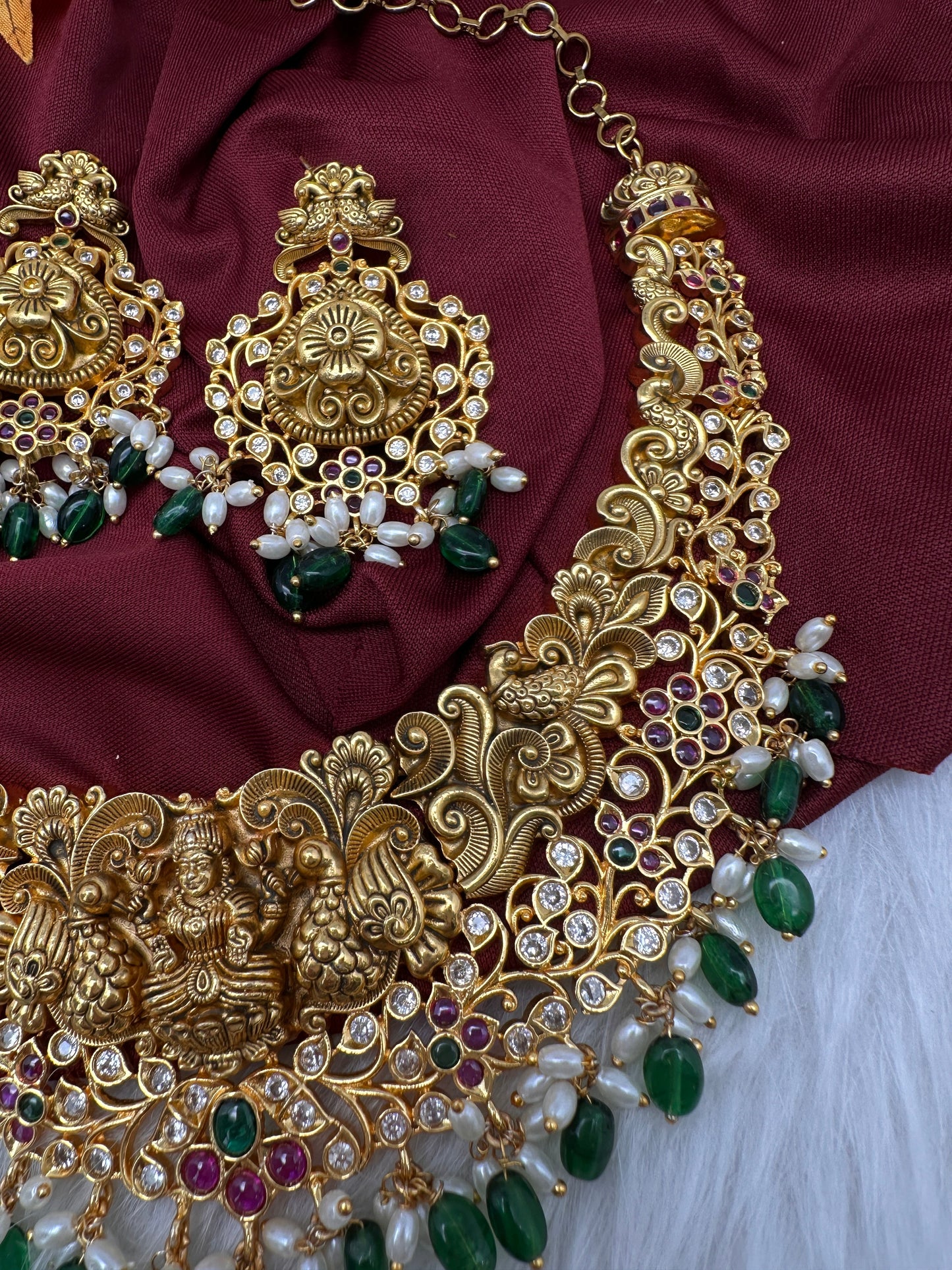 Kemp Goddess Lakshmi Peacock Nakshi Matte Short Necklace