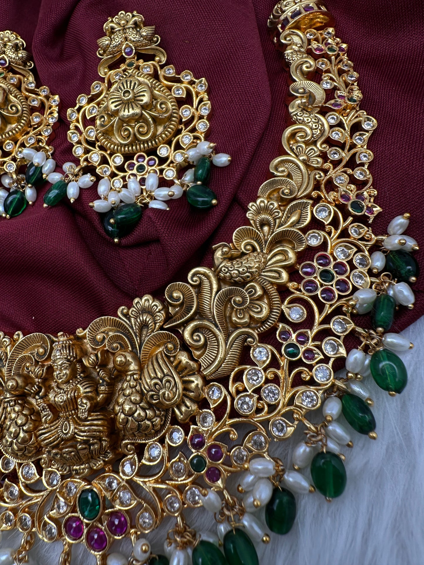 Kemp Goddess Lakshmi Peacock Nakshi Matte Short Necklace