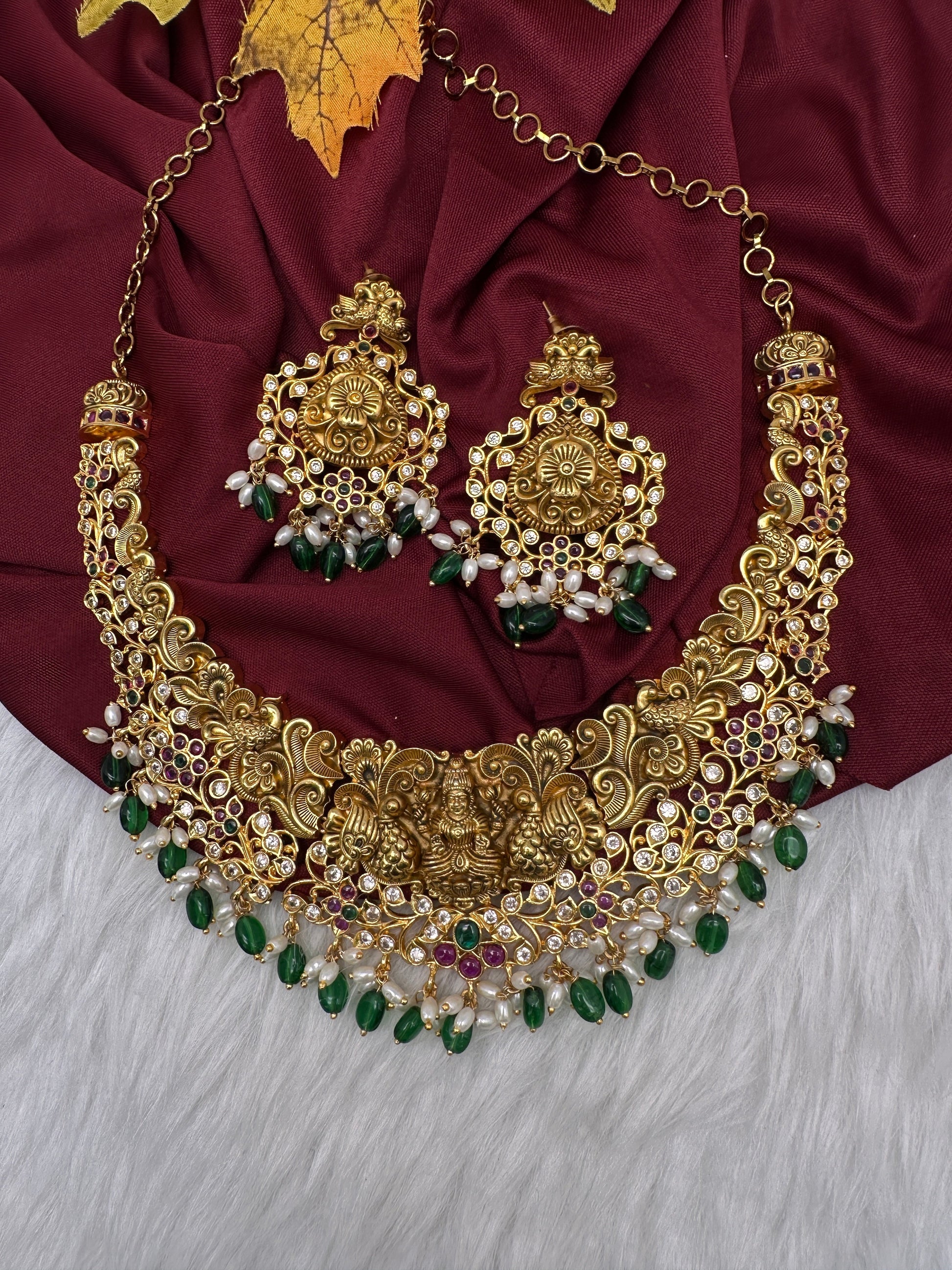 Kemp Goddess Lakshmi Peacock Nakshi Matte Short Necklace