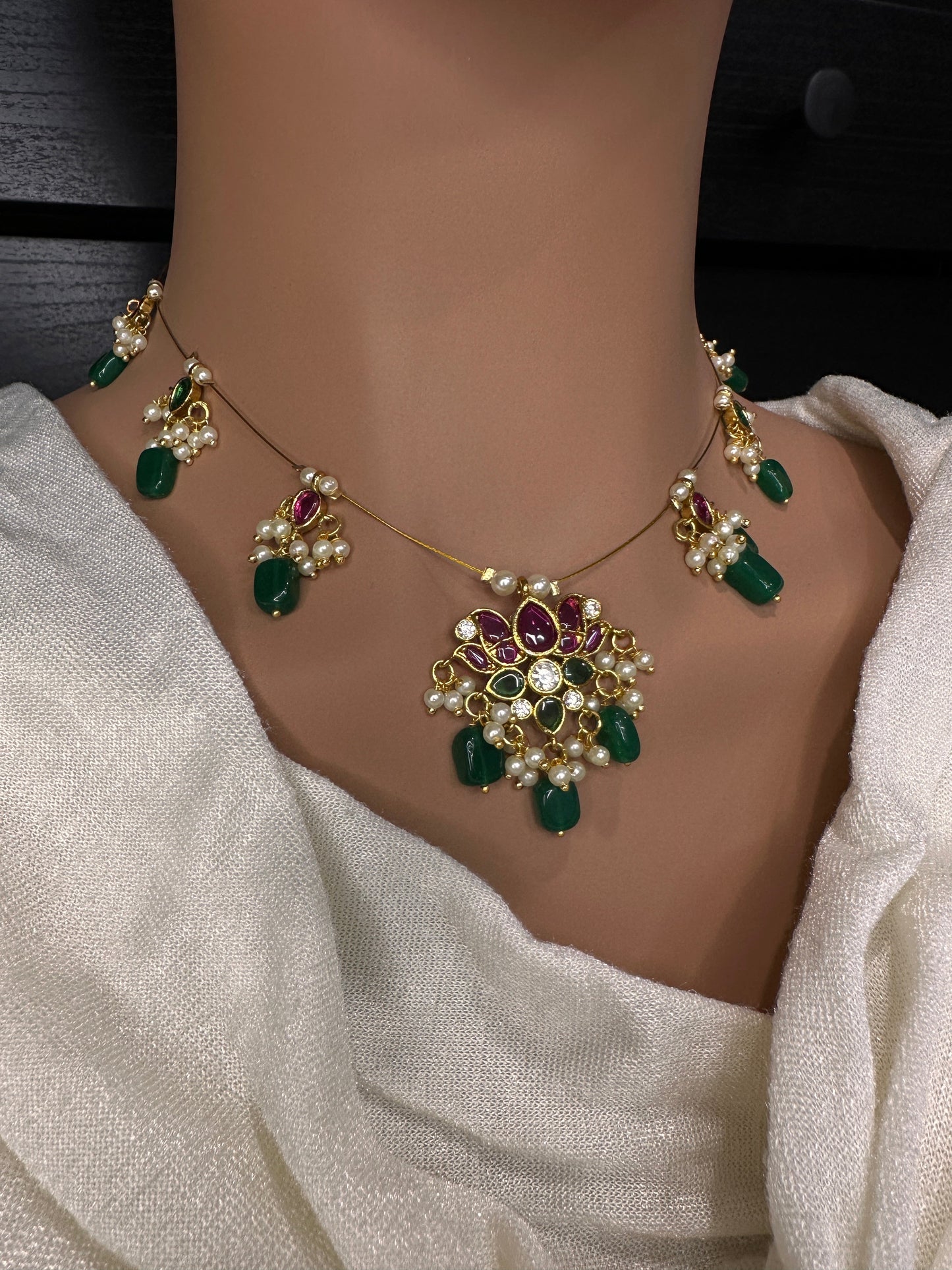 Lotus Kempu Dainty Invisible Short Necklace - 