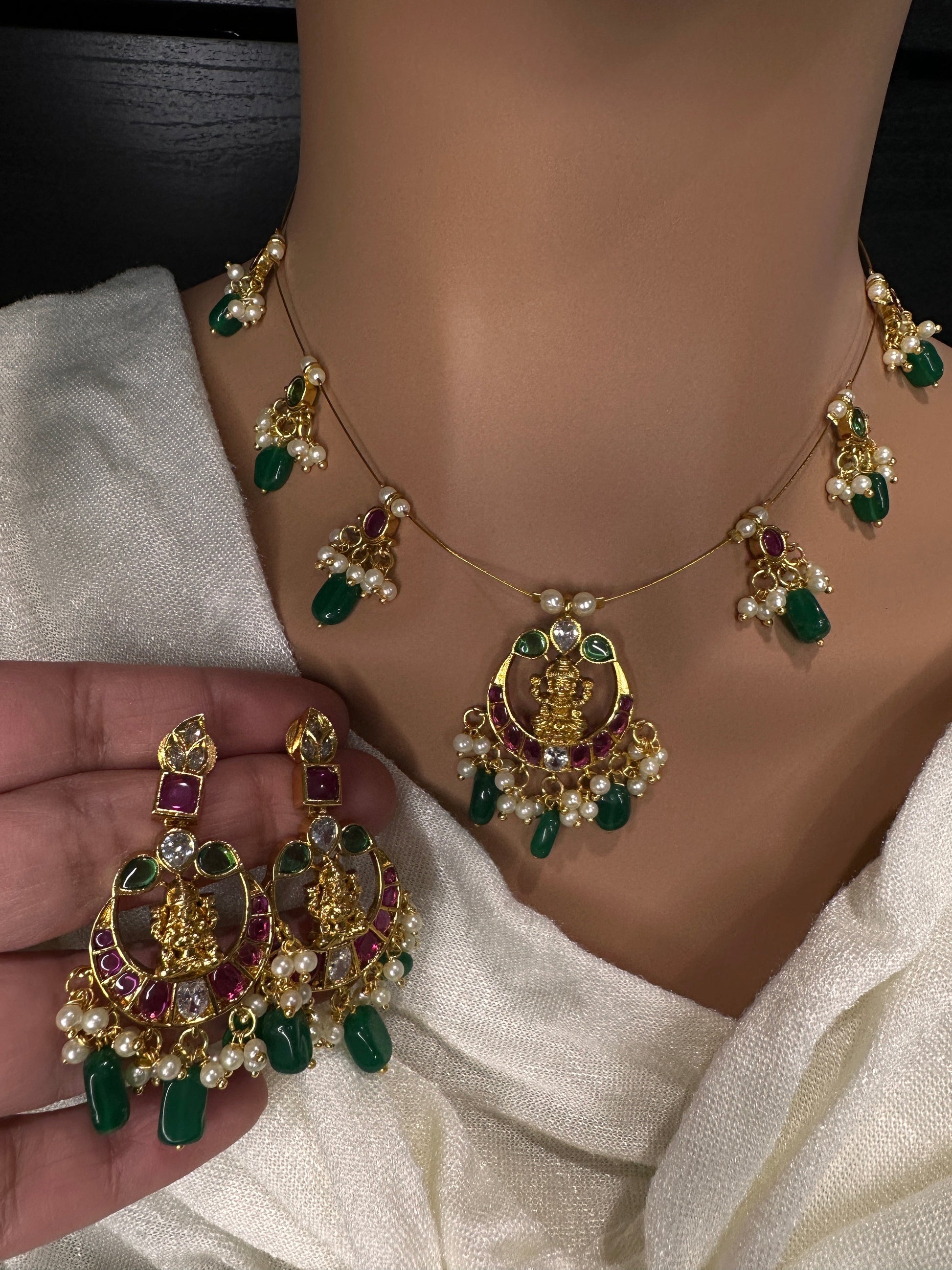 Goddess lakshmi Kempu Dainty Invisible Short Necklace - 