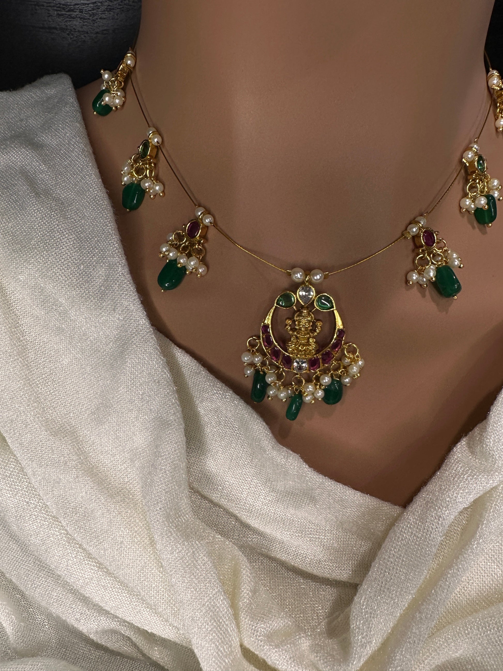 Goddess lakshmi Kempu Dainty Invisible Short Necklace - 