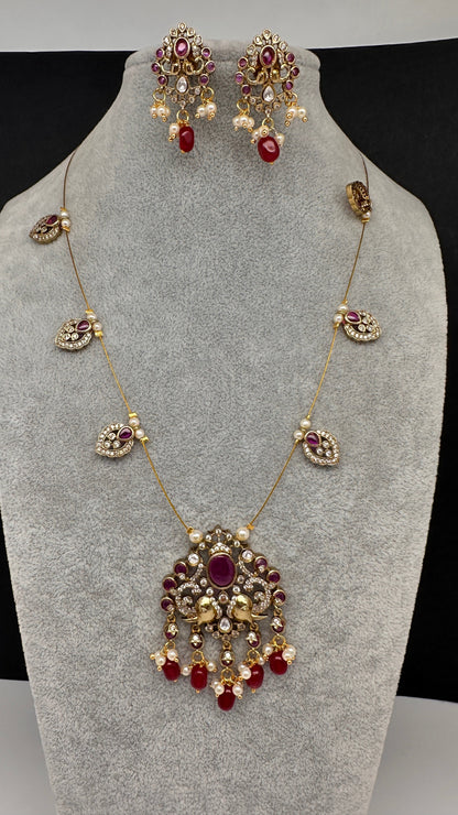 CZ Victorian Dainty Invisible Short Necklace - Red