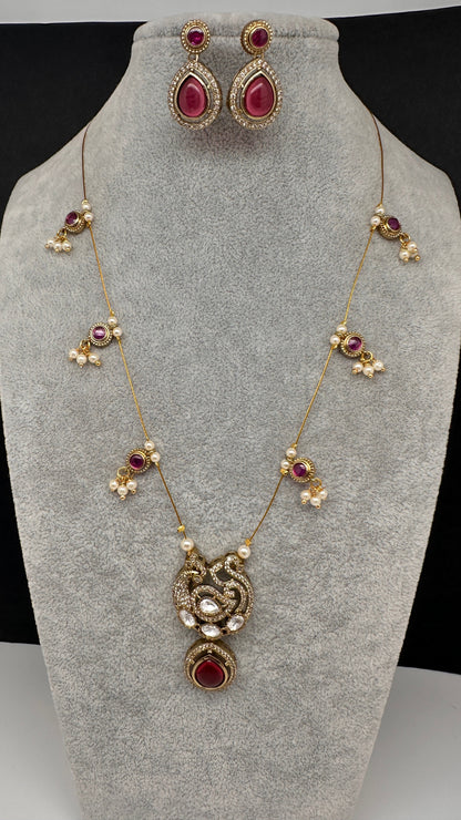 CZ Victorian Dainty Invisible Short Necklace - Red